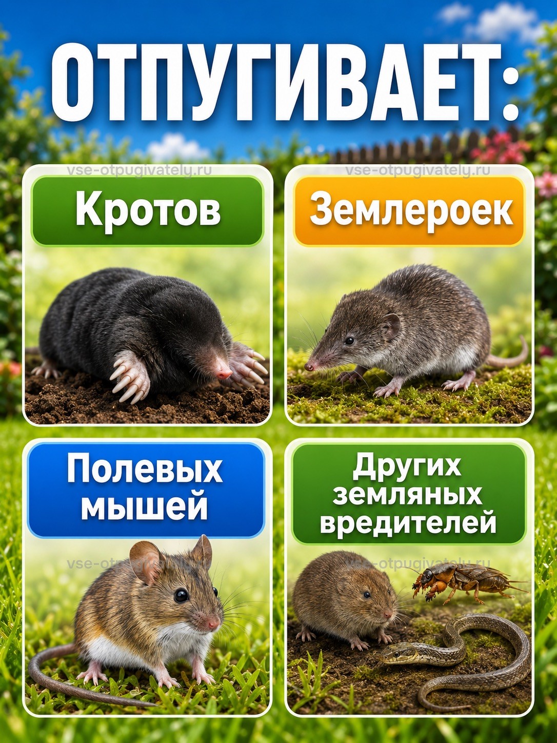 Отпугиватель кротов ЭкоСнайпер LS-997P — инфографика: кого отпугивает — крот на взрыхлённой земле, землеройка, полевая мышь в траве, медведка у норы