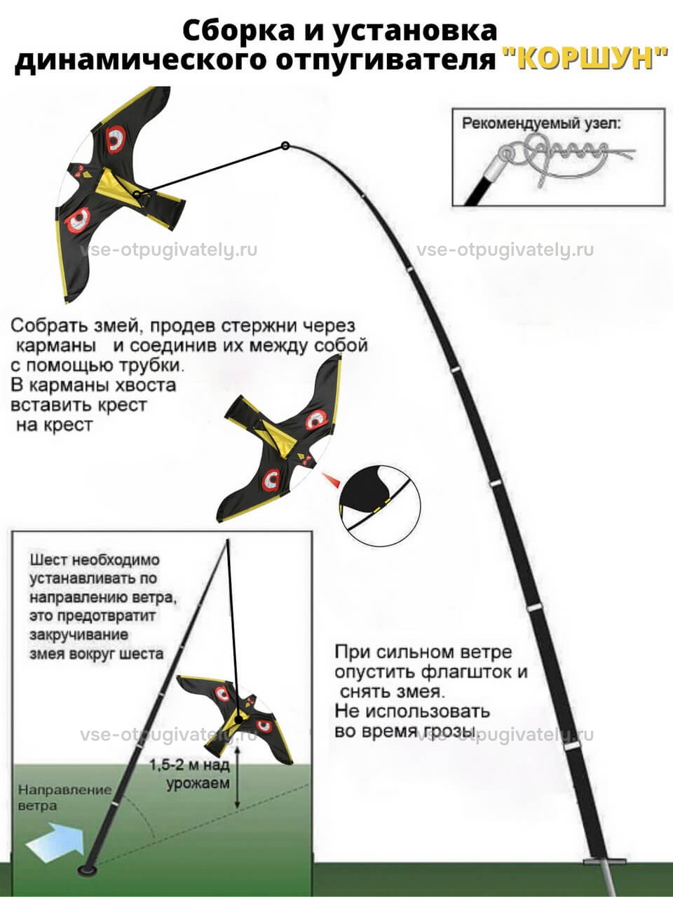 Комплект воздушный змей Коршун и флагшток 8 м - отпугиватель птиц — схема сборки и установки: стержни в карманах и крестовина, рекомендуемый узел шнура, шест по ветру, в грозу флагшток опускают