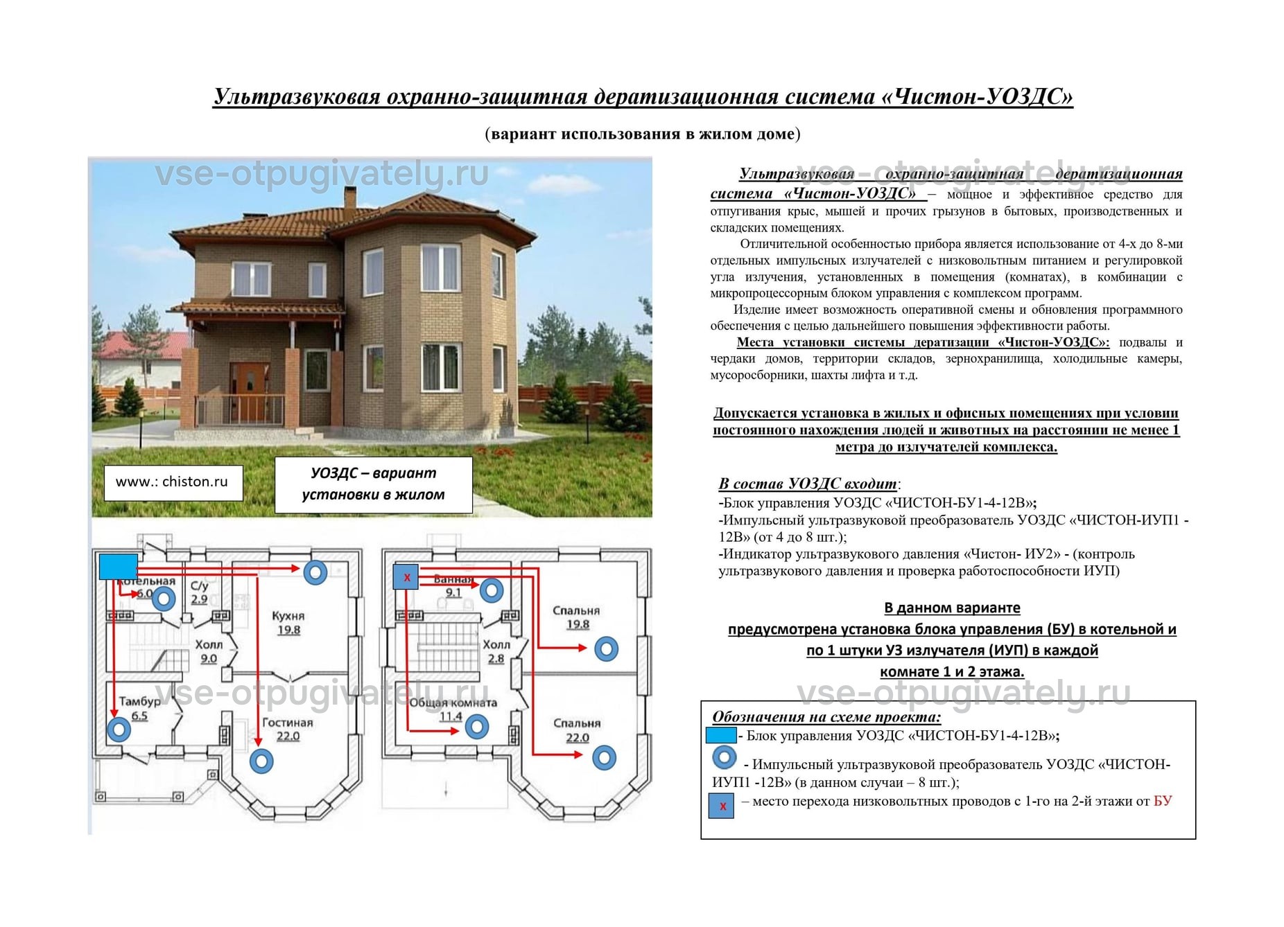 Ультразвуковая система Чистон-УОЗДС — схема установки в жилом доме: фасад двухэтажного коттеджа, поэтажные планы с излучателями в комнатах и описание системы