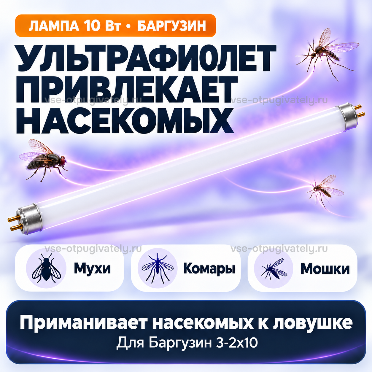 Осколкобезопасная лампа 10 Вт для Баргузин 3-2х10 — инфографика: ультрафиолет привлекает насекомых — трубка в фиолетовом свечении по диагонали, насекомые летят к свету, приманка к ловушке
