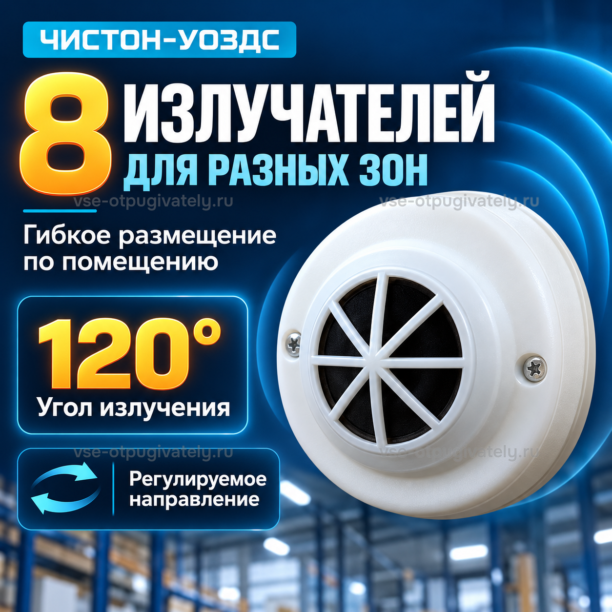 Ультразвуковая система Чистон-УОЗДС — инфографика: выносные излучатели для разных зон — гибкое размещение по помещению, регулируемое направление и угол излучения, белый излучатель с решёткой
