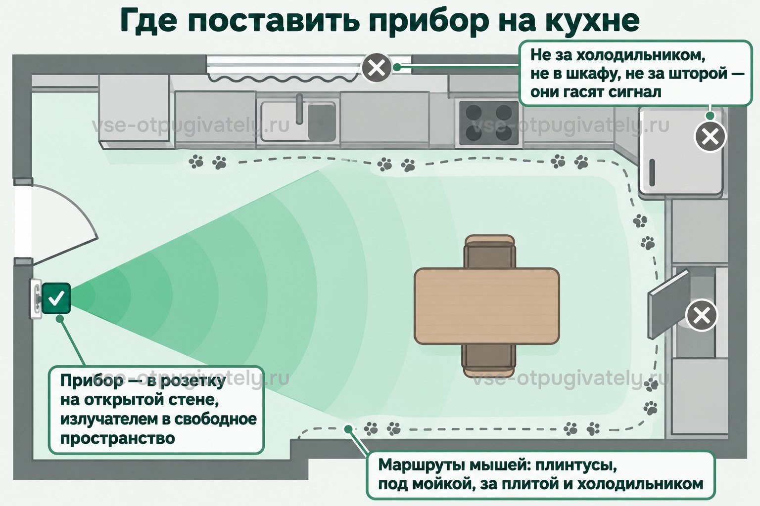 План кухни: мыши ходят вдоль плинтусов, под мойкой, за плитой и холодильником; прибор ставят в розетку на открытой стене излучателем в свободное пространство — не за холодильником, не в шкафу и не за шторой