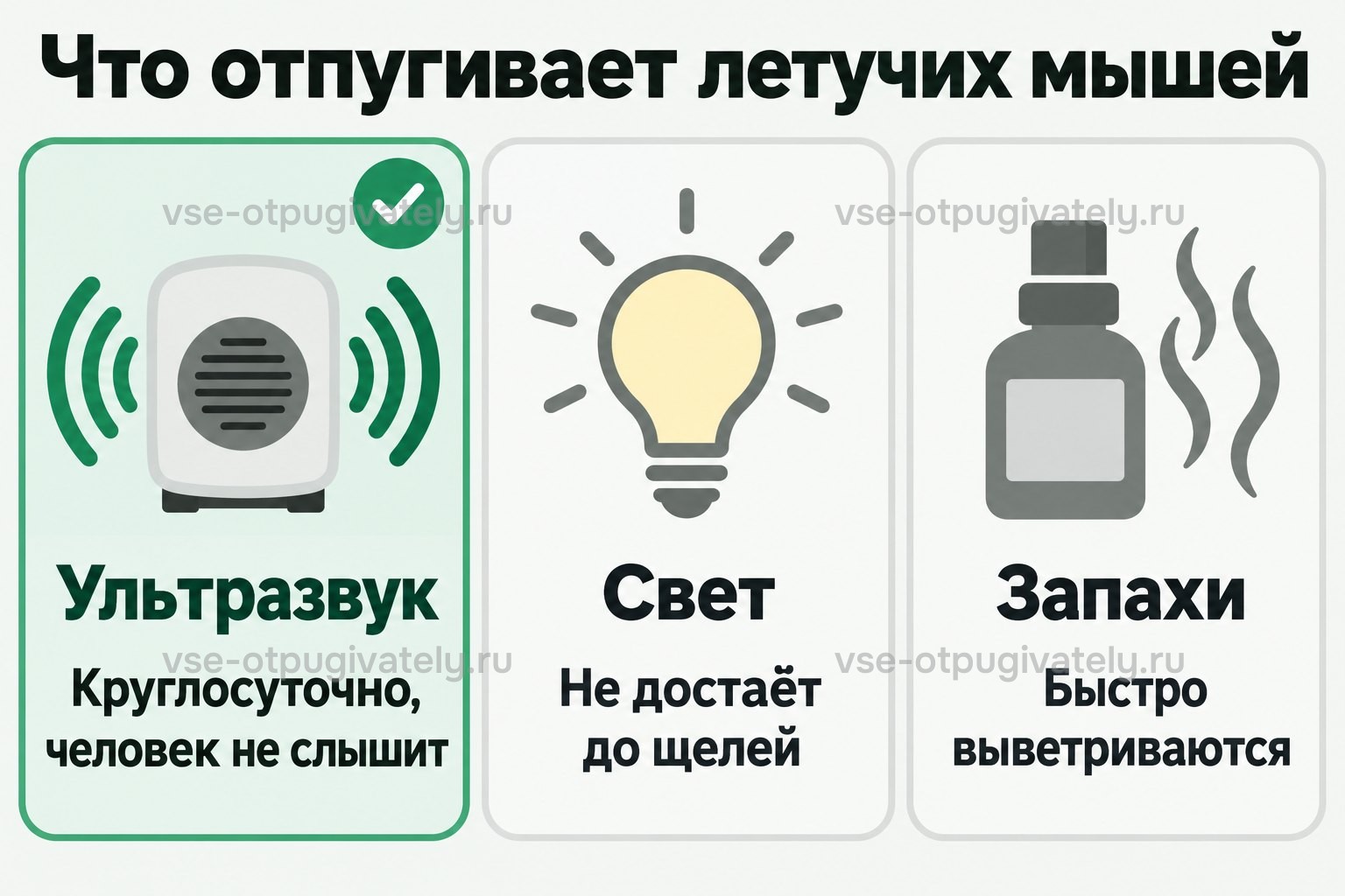 Сравнение: ультразвук работает круглосуточно и неслышно для человека, свет не достаёт до щелей, запахи выветриваются