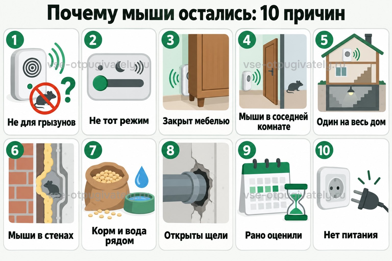 Десять причин, почему мыши остались при включённом отпугивателе: от неподходящей модели и режима до закрытого излучателя, корма рядом, открытых щелей и ранней оценки результата