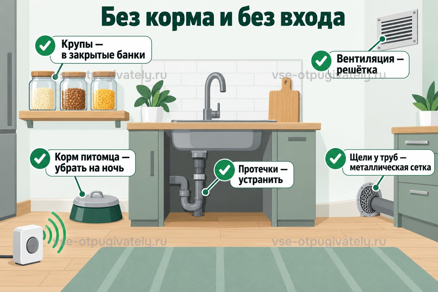 Без корма и входа мышам незачем оставаться: крупы и корм питомца в закрытых ёмкостях, протечка под мойкой устранена, щель у трубы закрыта металлической сеткой, на вентиляции решётка