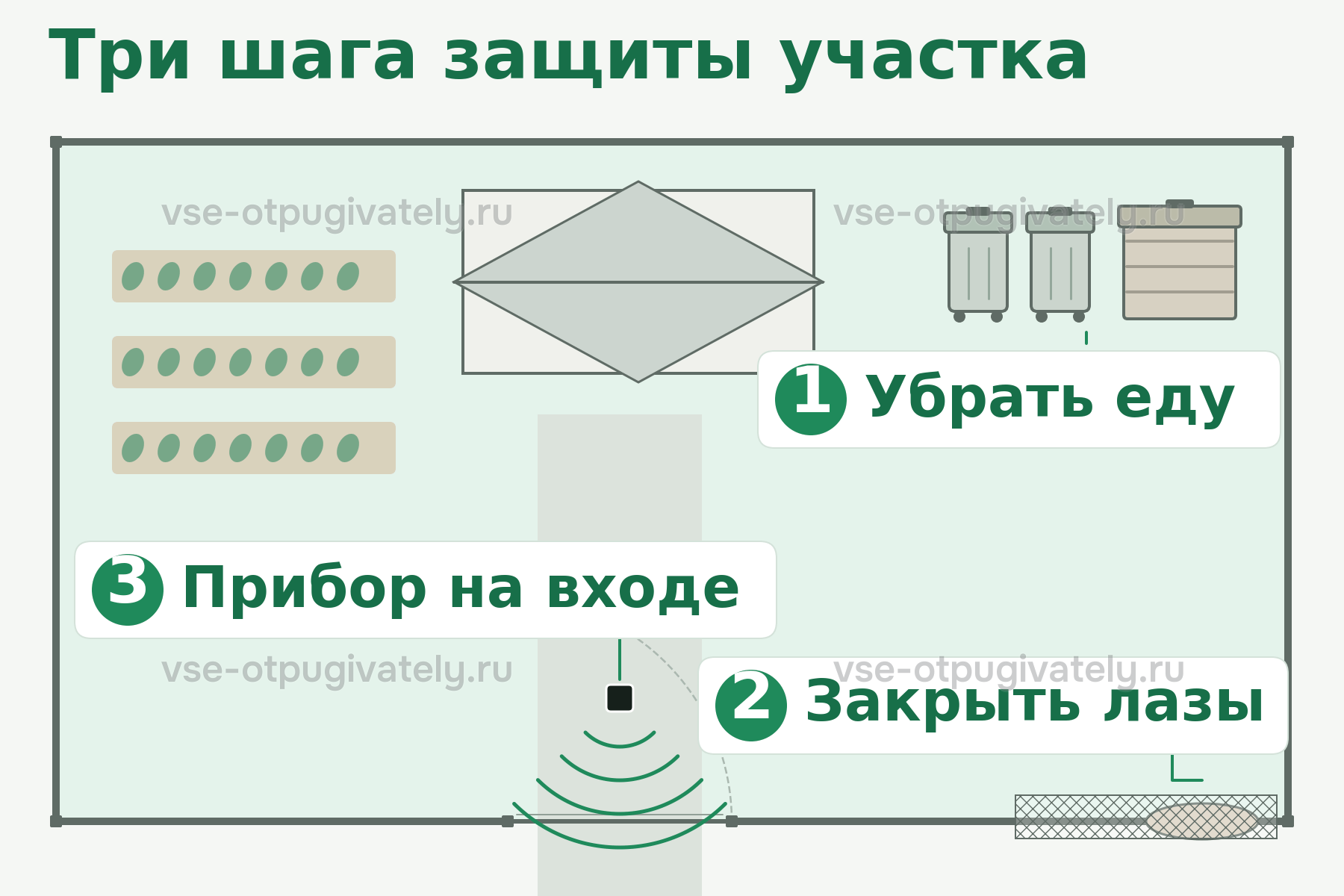 План участка: три шага защиты — убрать еду, закрыть лазы, поставить отпугиватель на место входа