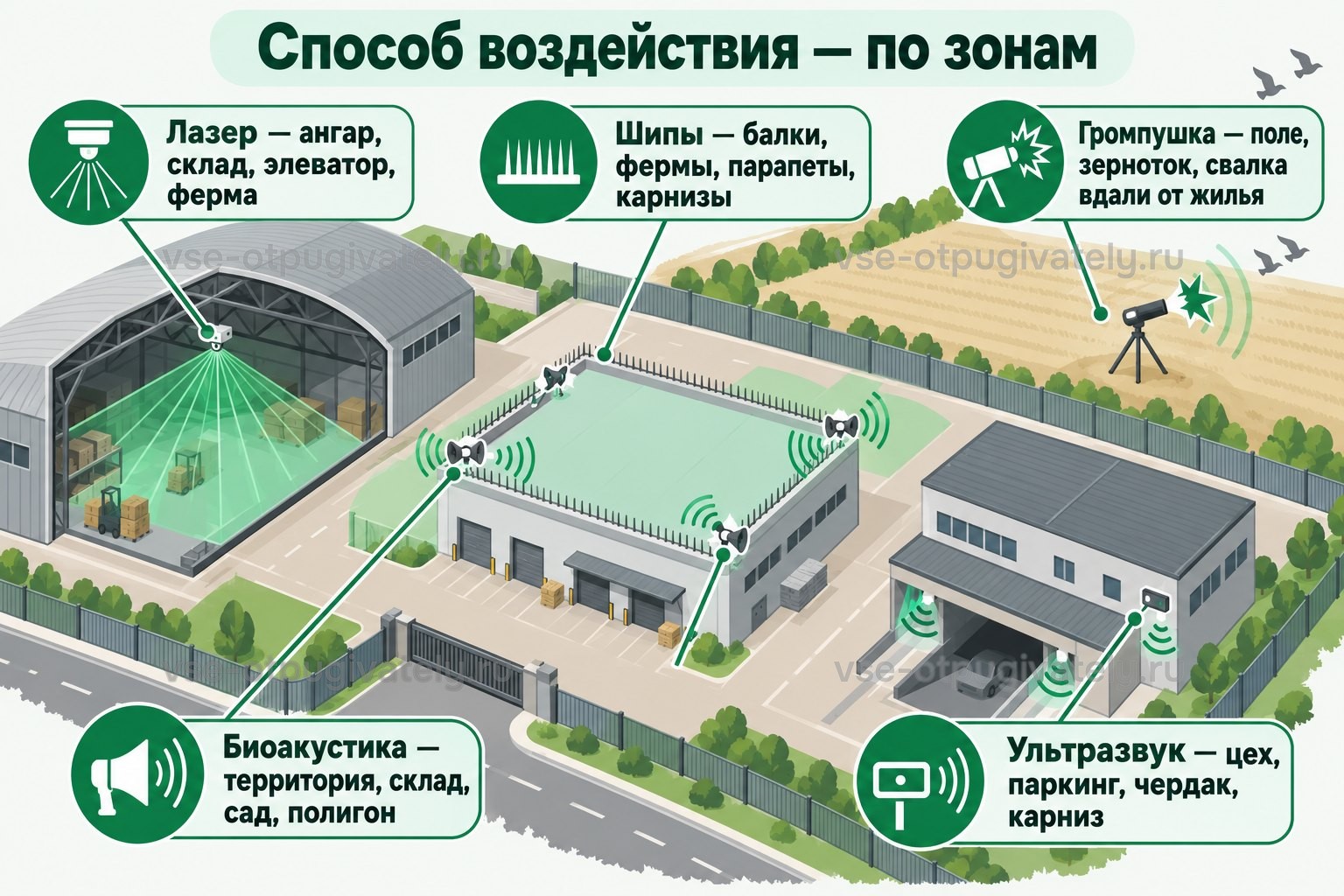 Защита предприятия по зонам: биоакустика закрывает территорию, склад, сад и полигон; громпушка — поле, зерноток и свалку вдали от жилья; лазер бесшумно закрывает ангар, склад, элеватор и ферму; ультразвук — цех, паркинг, чердак и карниз; шипы не дают птицам сесть на балки, фермы, парапеты и карнизы