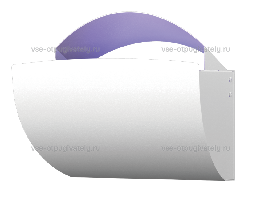 Клеевая ловушка ЭкоСнайпер V18D — общий вид: белый изогнутый корпус-экран для стены, сверху фиолетовое свечение лампы