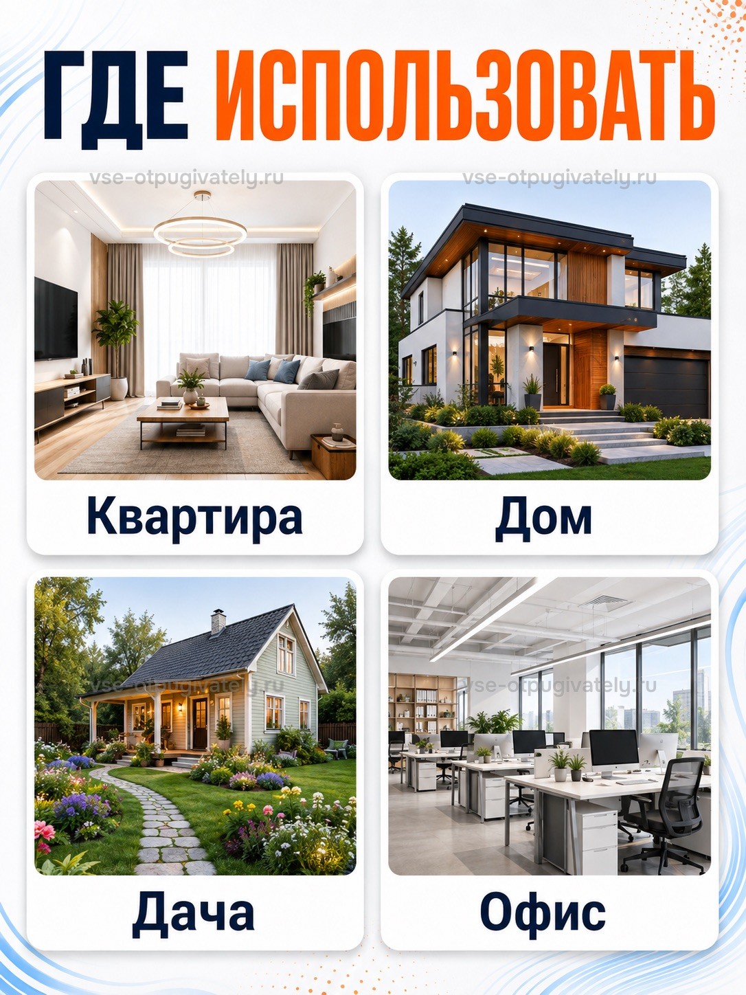 Отпугиватель грызунов Мангуст SD-058 — инфографика: где использовать — квартира с гостиной, современный дом, дача с садовой дорожкой и офис