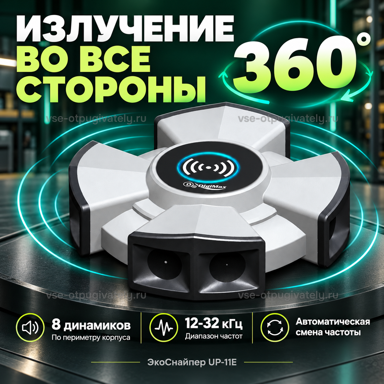 Промышленный отпугиватель грызунов и тараканов ЭкоСнайпер UP-11E — инфографика: восемь динамиков по кругу корпуса — излучение во все стороны, диапазон частот и автоматическая смена частоты