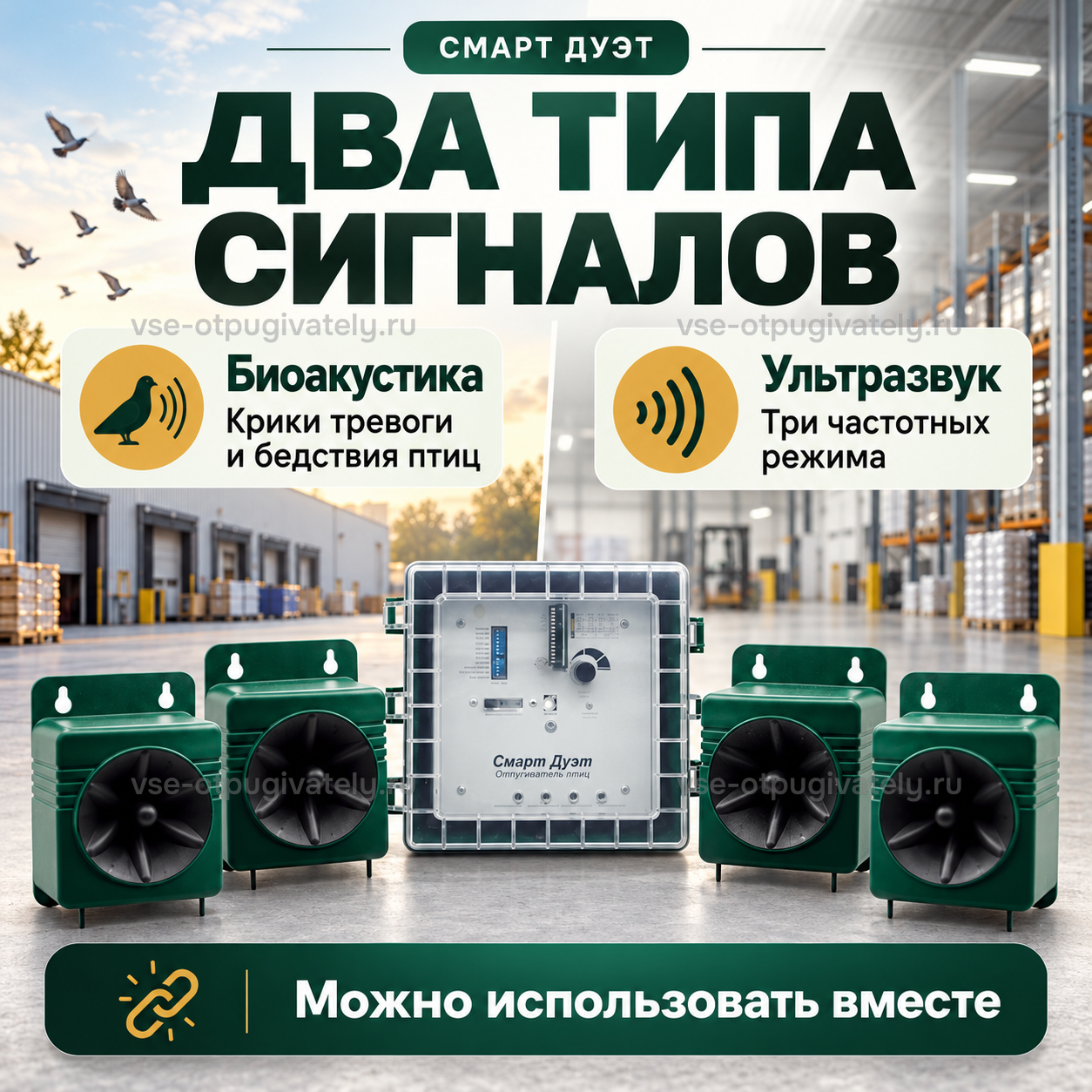 Отпугиватель птиц «Смарт Дуэт» с четырьмя динамиками — инфографика: биоакустические и ультразвуковые сигналы — крики тревоги и бедствия птиц, частотные режимы ультразвука, работа вместе
