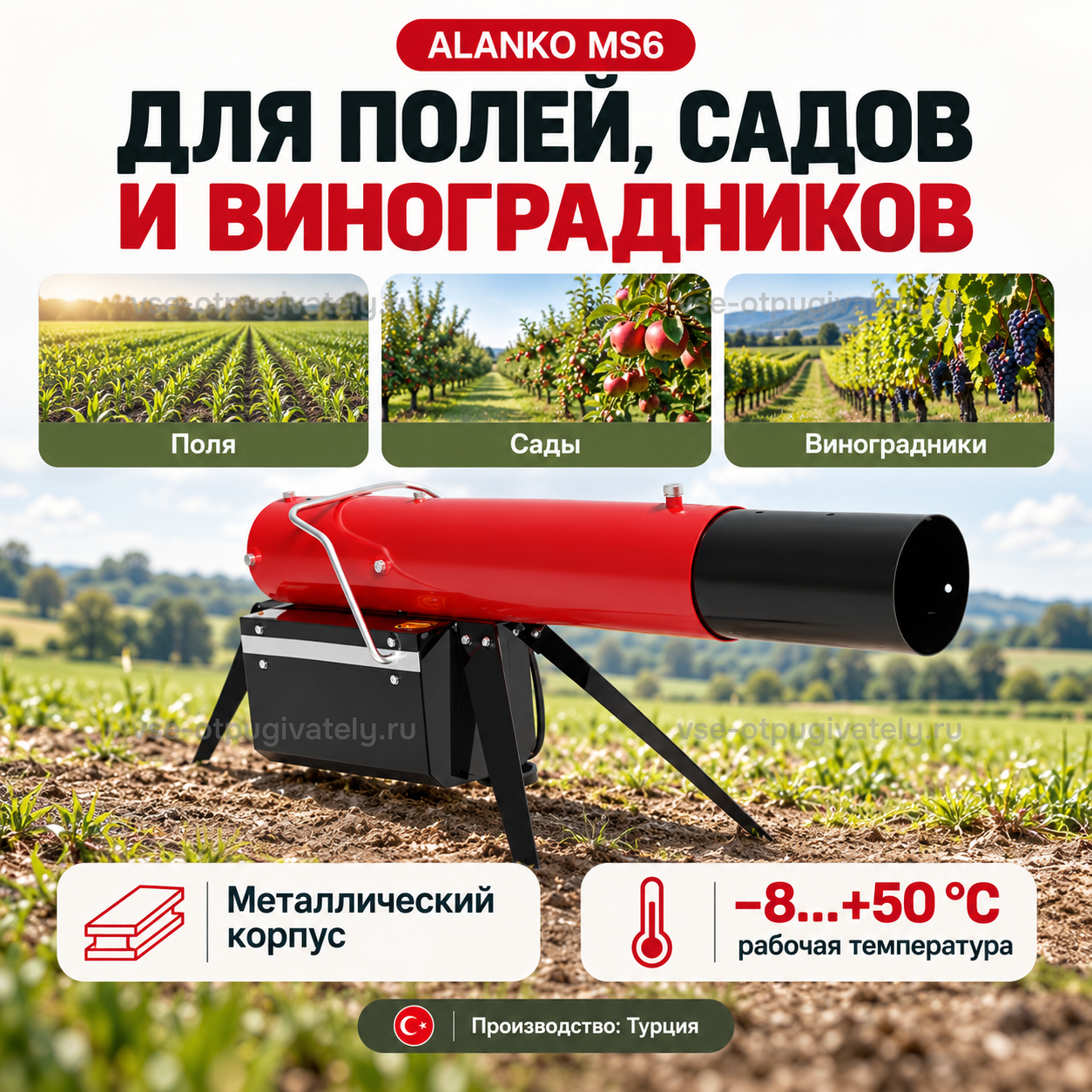 Механический пропановый отпугиватель ALANKO MS6 — инфографика: где применять, корпус и рабочая температура — поля, сады и виноградники, металлический корпус, производство Турции