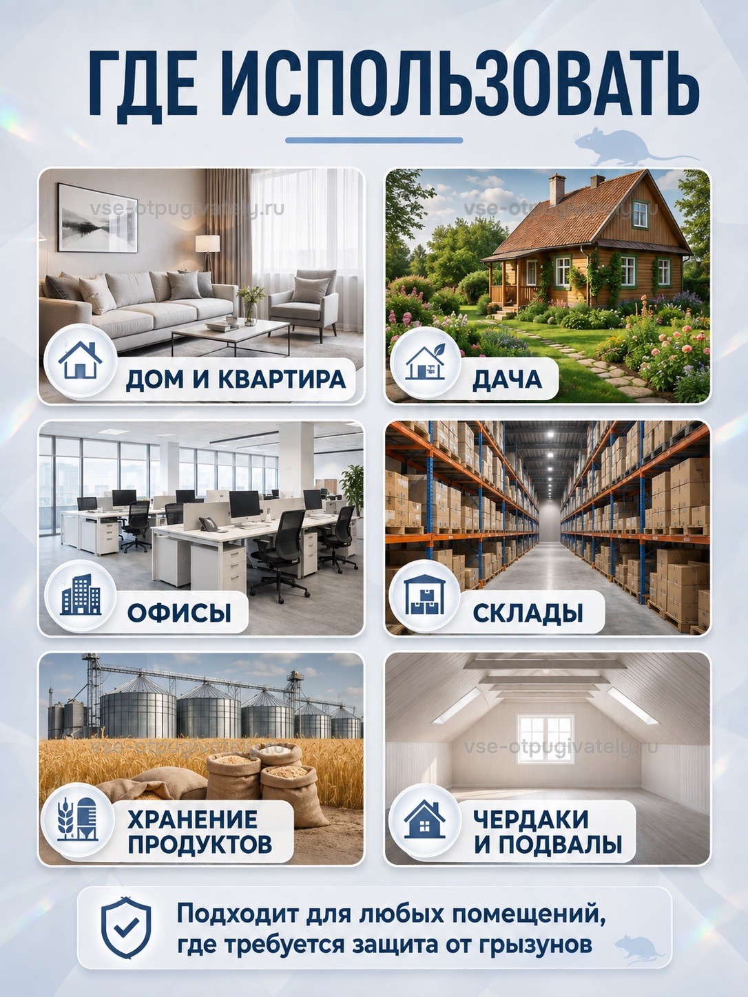 Отпугиватель грызунов Электрокот Классик — инфографика: где использовать — гостиная, бревенчатая дача, офис, склад со стеллажами, элеватор с мешками, чердак и подвал