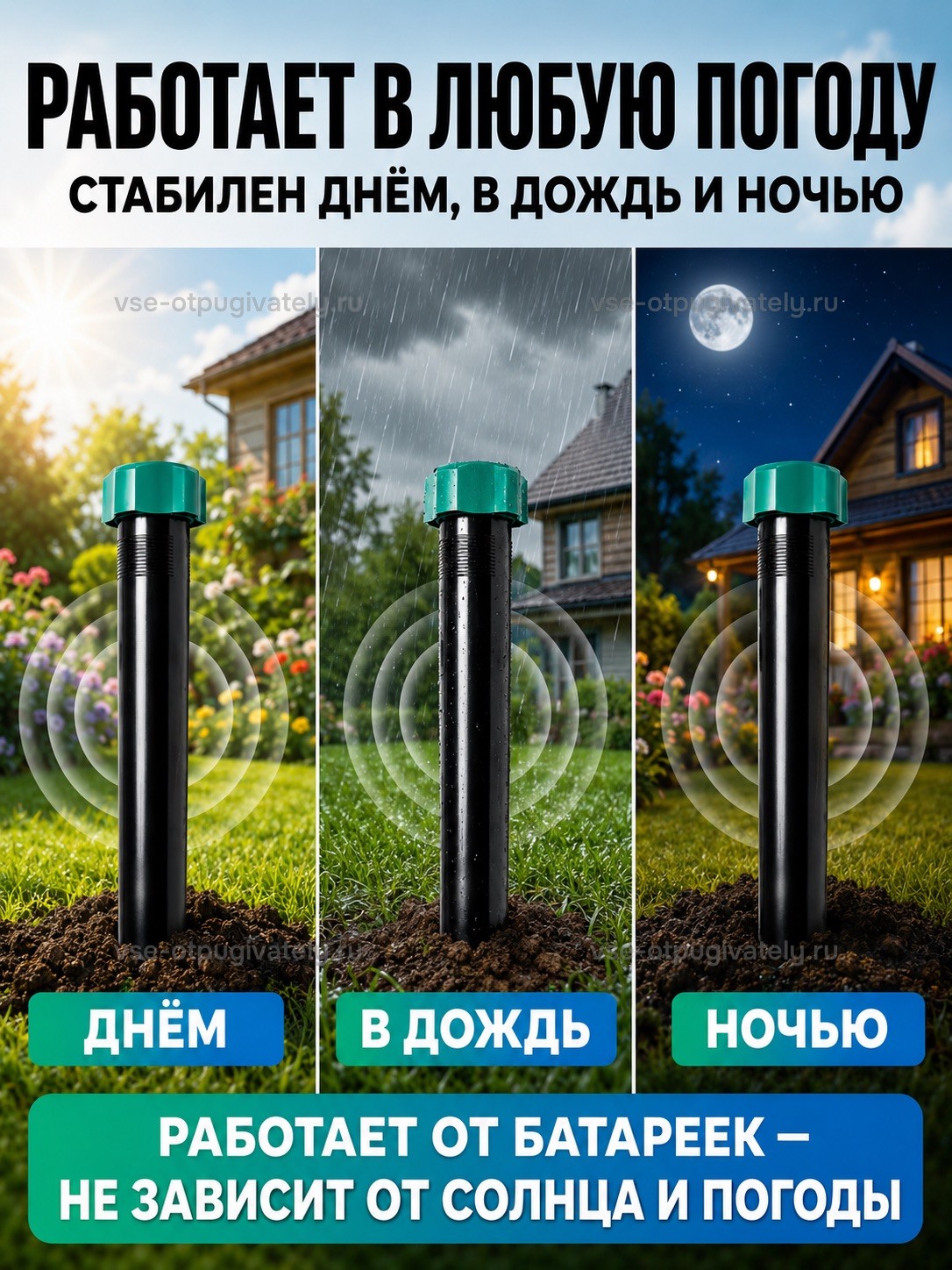 Отпугиватель кротов Торнадо ОЗВ.01 — инфографика: работа в любую погоду — прибор в газоне у дома днём, под дождём и ночью при луне, питание от батареек