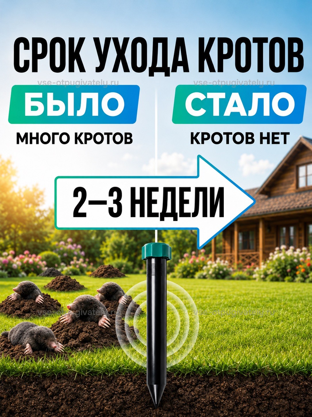 Отпугиватель кротов Торнадо ОЗВ.01 — инфографика: когда ждать результат — сравнение «было» и «стало»: много кротов и кротовин на газоне, затем ровный газон у дома с прибором