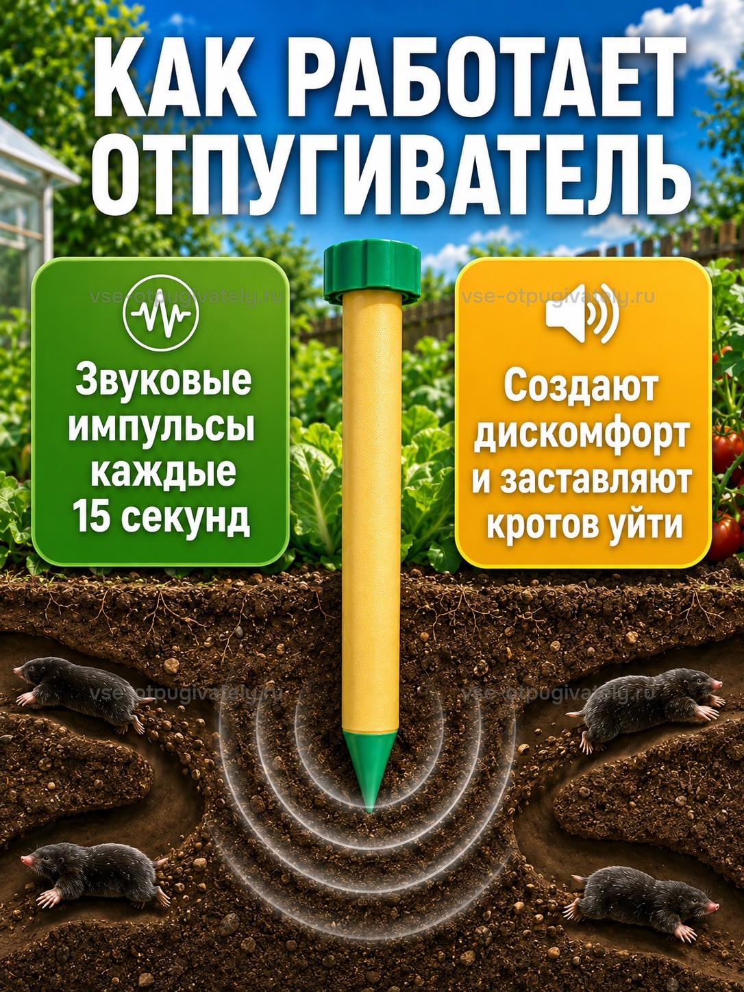 Отпугиватель кротов ЭкоСнайпер LS-997P — инфографика: как работает отпугиватель — жёлтый прибор в грунте подаёт звуковые импульсы, волны расходятся к кротам в подземных ходах