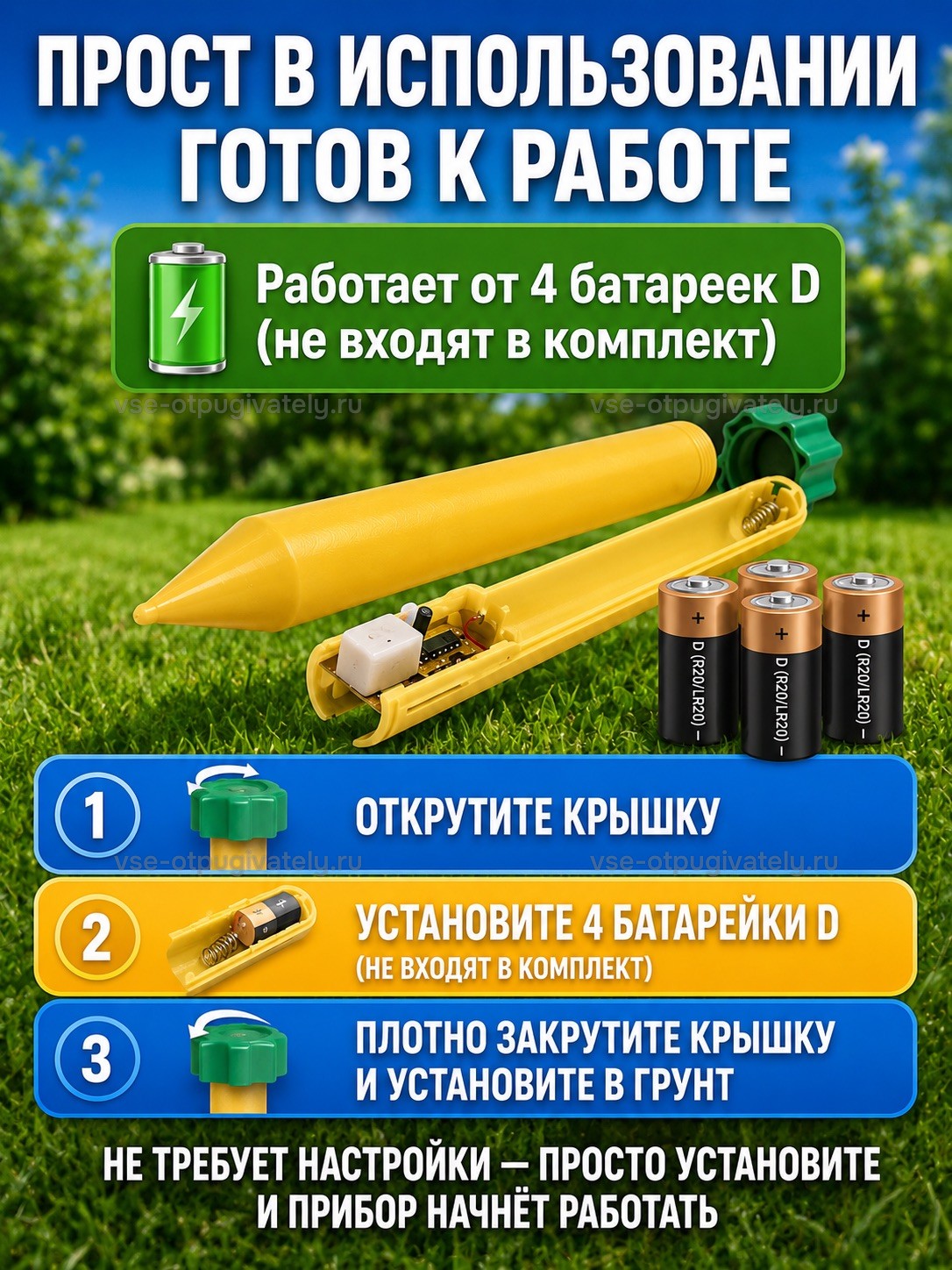 Отпугиватель кротов ЭкоСнайпер LS-997P — инфографика: установка батареек — открутить крышку, вставить четыре батарейки типа D, они не входят в комплект, закрутить и поставить в грунт