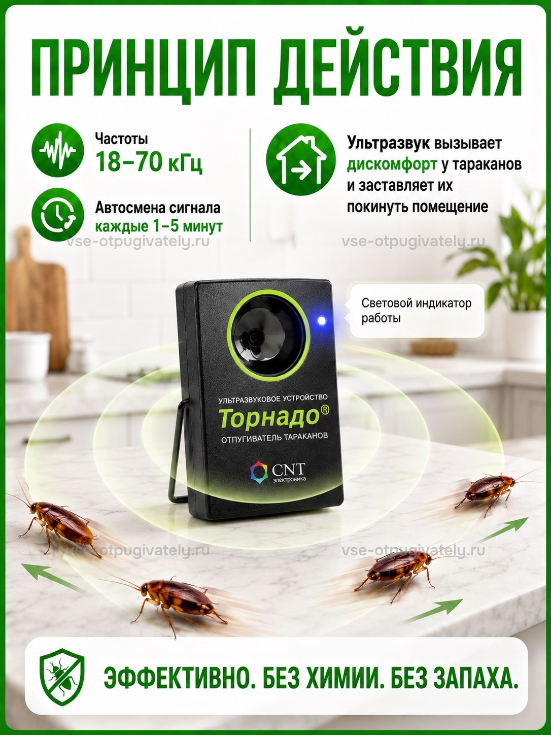 Отпугиватель тараканов Торнадо ОТАР-1 — инфографика: принцип действия — чёрный прибор с синим огоньком на мраморной столешнице, тараканы разбегаются в стороны, сигнал сам меняется, без химии и запаха