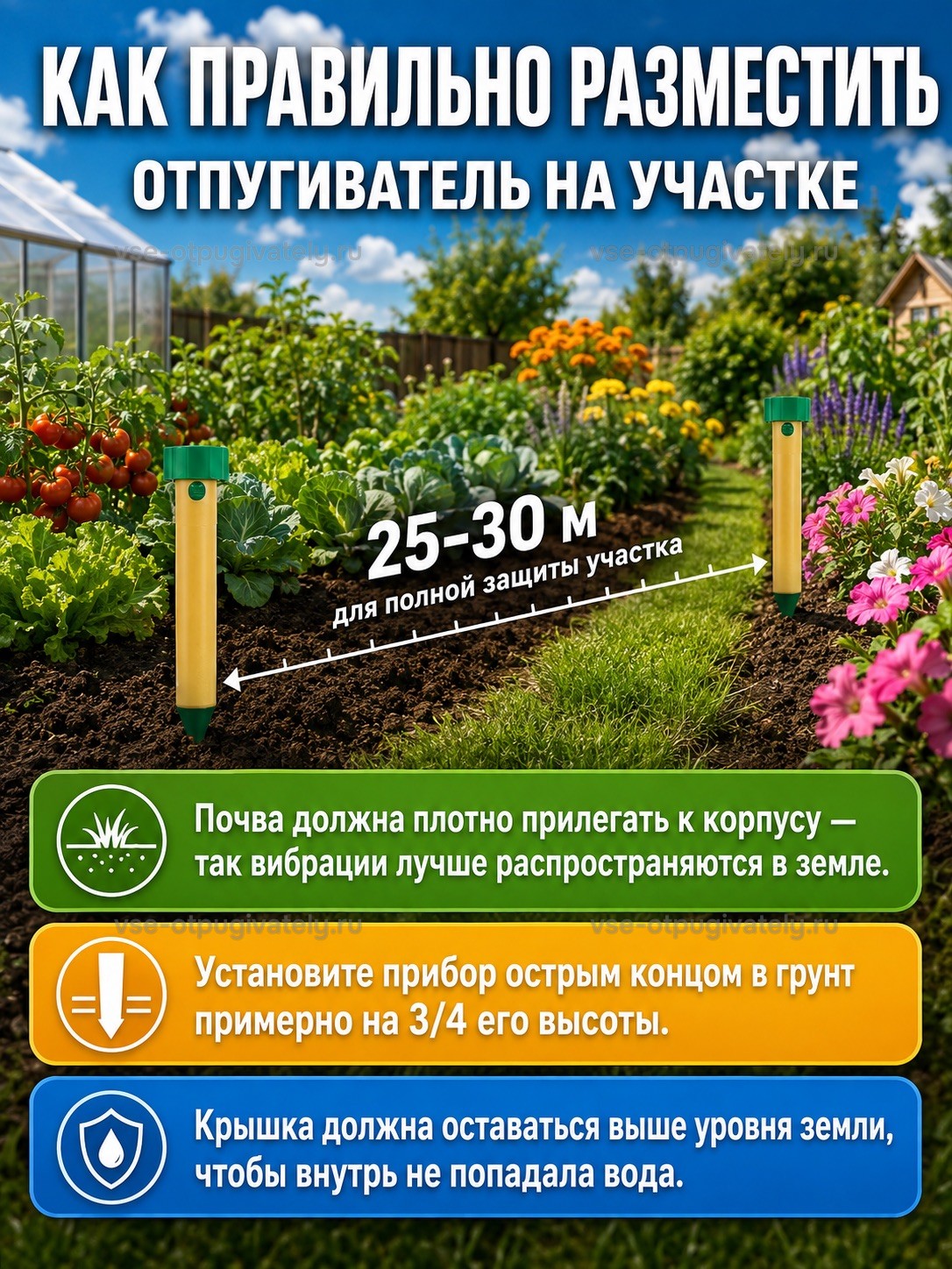 Отпугиватель кротов ЭкоСнайпер LS-997P — инфографика: как разместить отпугиватель на участке — два прибора у грядок, плотная почва вокруг корпуса, крышка выше уровня земли