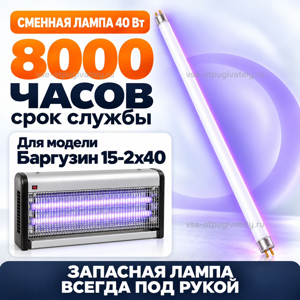 Осколкобезопасная лампа 40 Вт для Баргузин 15-2х40 — инфографика: запасная лампа для прибора — сменная колба рядом с уничтожителем Баргузин, у которого за решёткой светятся две лампы