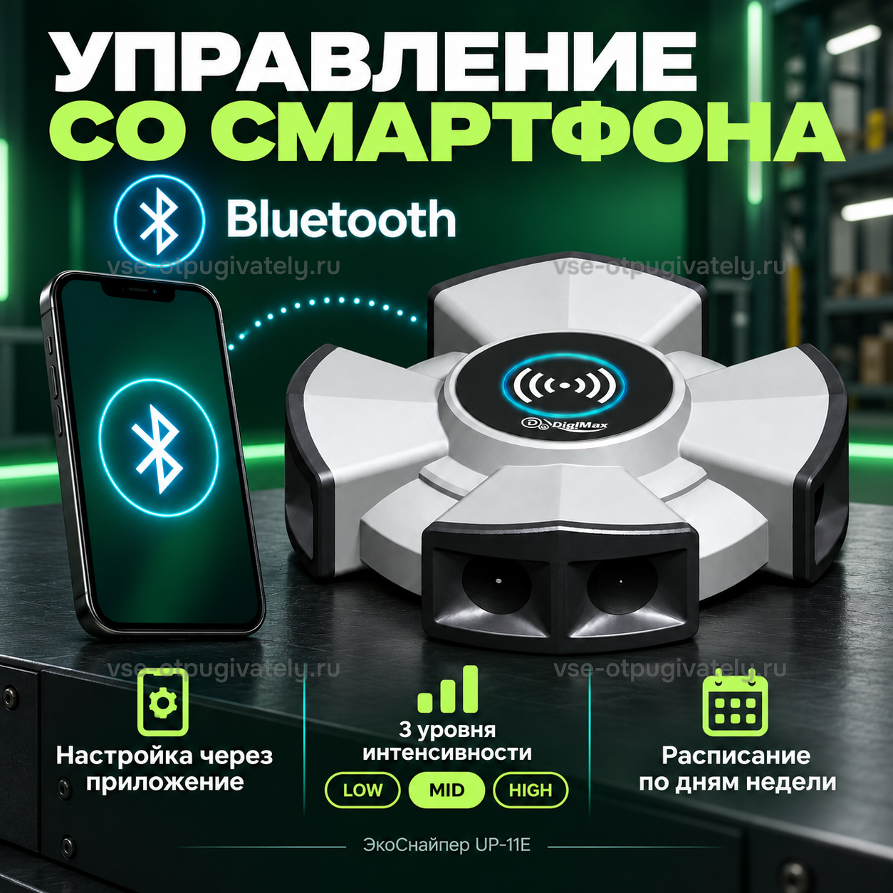 Промышленный отпугиватель грызунов и тараканов ЭкоСнайпер UP-11E — инфографика: управление со смартфона по Bluetooth — настройка через приложение, три уровня интенсивности и расписание по дням недели