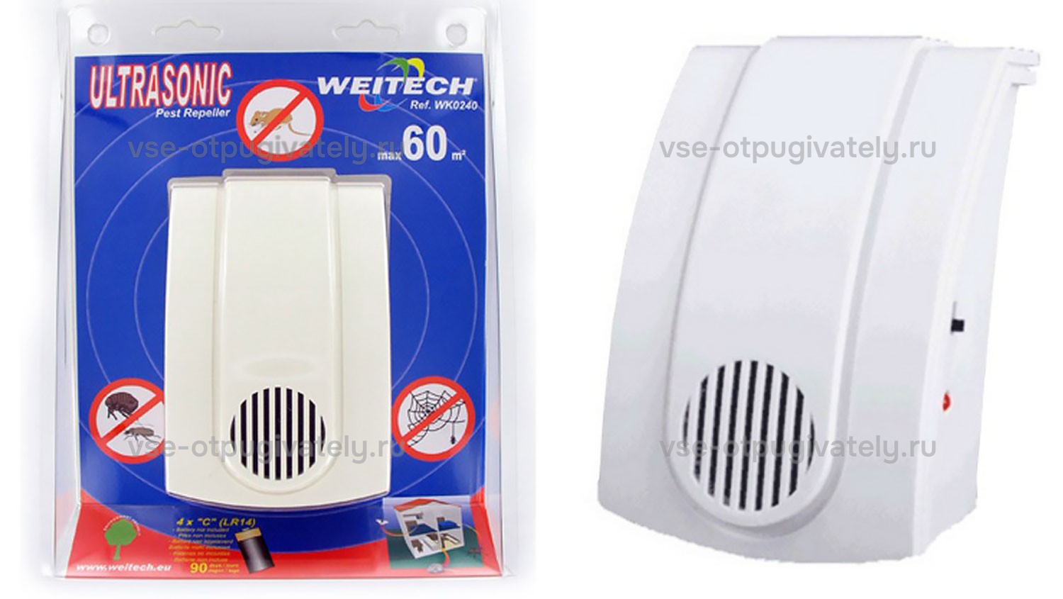Отпугиватель мышей Weitech WK-0240 — прибор и упаковка: белый корпус с решёткой динамика рядом с блистером Ultrasonic Weitech на синей картонке