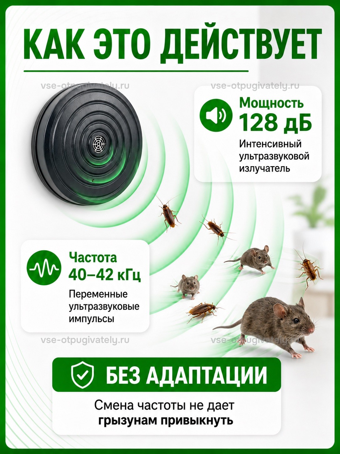 Отпугиватель грызунов и насекомых ЭкоСнайпер LS-989 — инфографика: как это действует — интенсивный ультразвуковой излучатель, переменные импульсы против привыкания; мышь в волнах сигнала