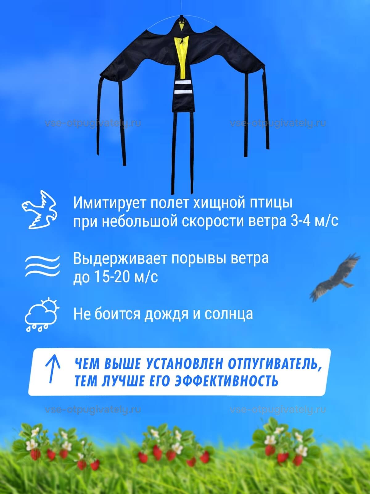 Комплект воздушный змей Крук и флагшток 7 м - отпугиватель птиц — инфографика: как работает — имитирует полёт хищной птицы при слабом ветре, выдерживает порывы, дождь и солнце, ставится повыше