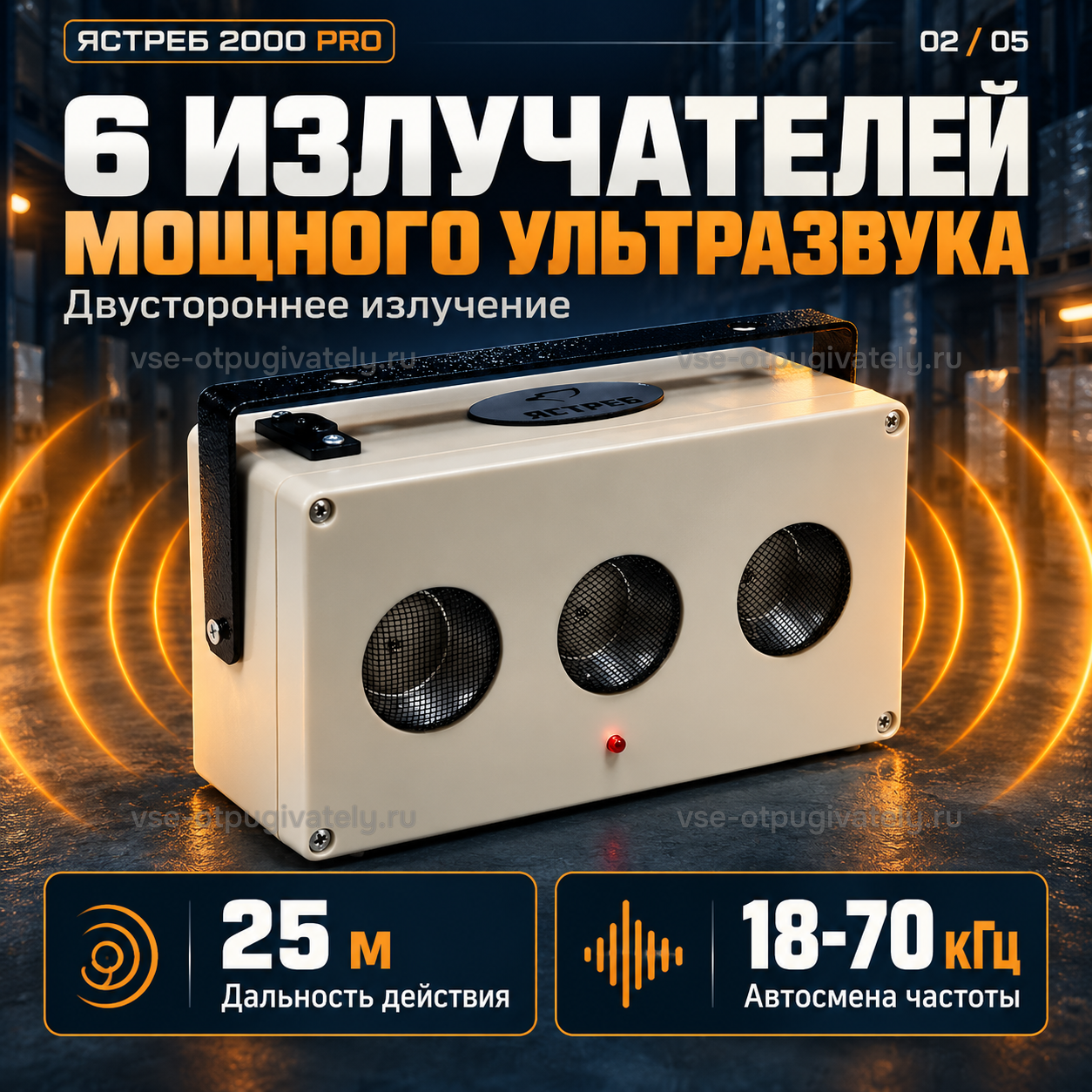 Отпугиватель грызунов Ястреб 2000 PRO — инфографика: шесть излучателей и частоты — двустороннее излучение, дальность действия и автосмена частоты; три сетчатых излучателя на лицевой стенке