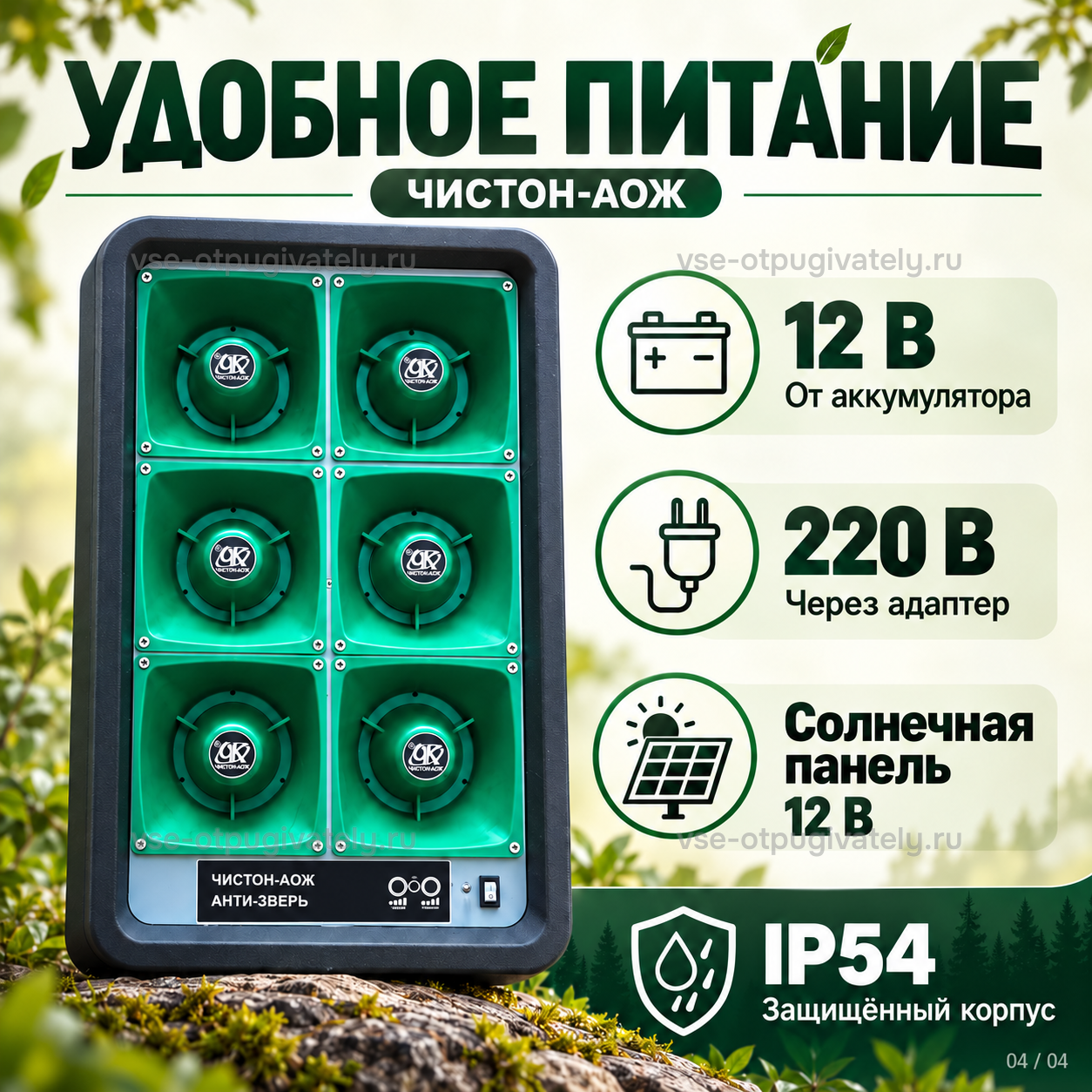 Отпугиватель диких животных Чистон-АОЖ Анти-Зверь — инфографика: варианты питания и защита корпуса — аккумулятор, сетевой адаптер или солнечная панель, защищённый корпус