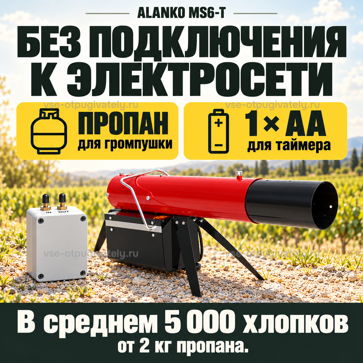 Пропановая громпушка ALANKO MS6-T — инфографика: работа без электросети — пропан для громпушки, пальчиковая батарейка AA для таймера, пушка и таймер на гравии