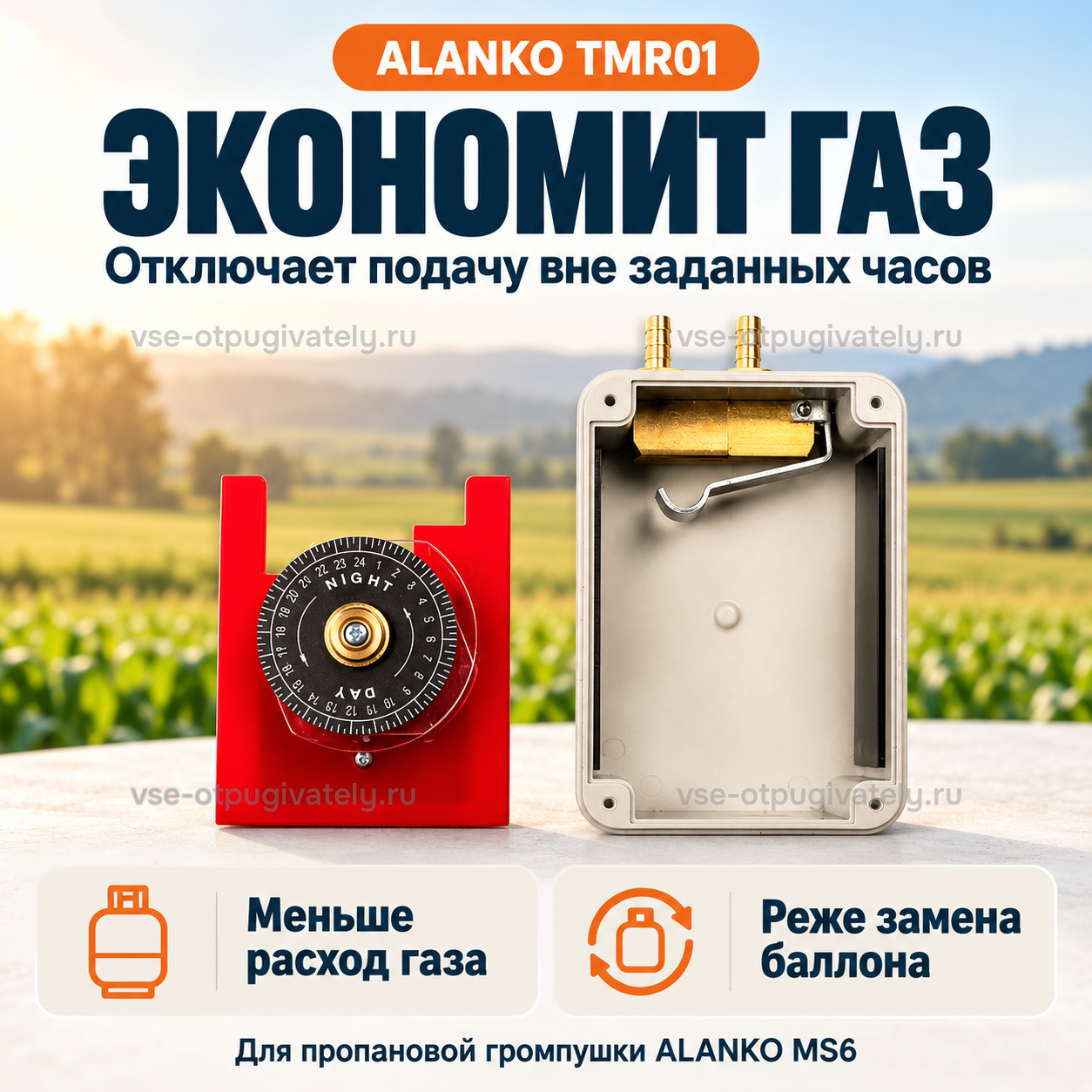 Таймер для громпушки Alanko MS6 — инфографика: экономия газа — подача отключается вне заданных часов, меньше расход пропана и реже замена баллона