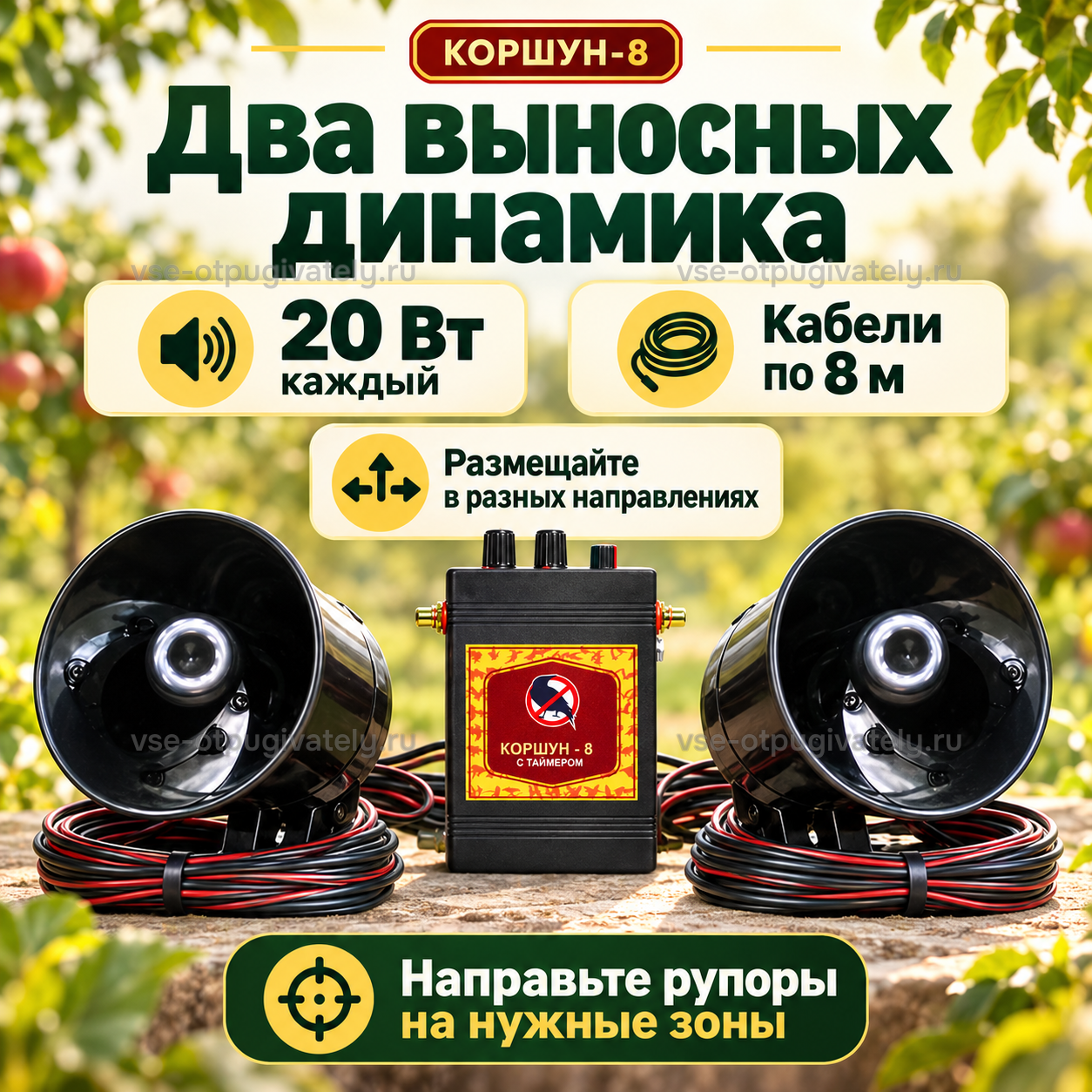 Отпугиватель птиц Коршун 8 с двумя динамиками — инфографика: два выносных динамика и кабели — рупоры смотрят в разные стороны от блока, направить их на нужные зоны участка