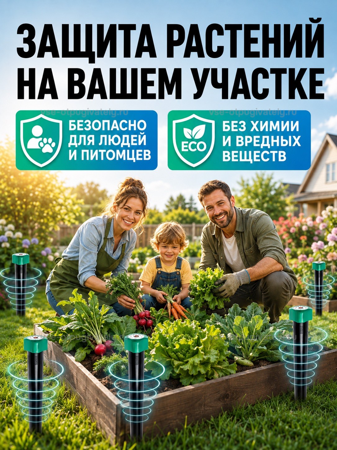 Отпугиватель кротов Торнадо ОЗВ.01 — инфографика: защита растений на участке — родители с детьми среди грядок, колышки по углам огорода, ни отравы, ни вреда питомцам