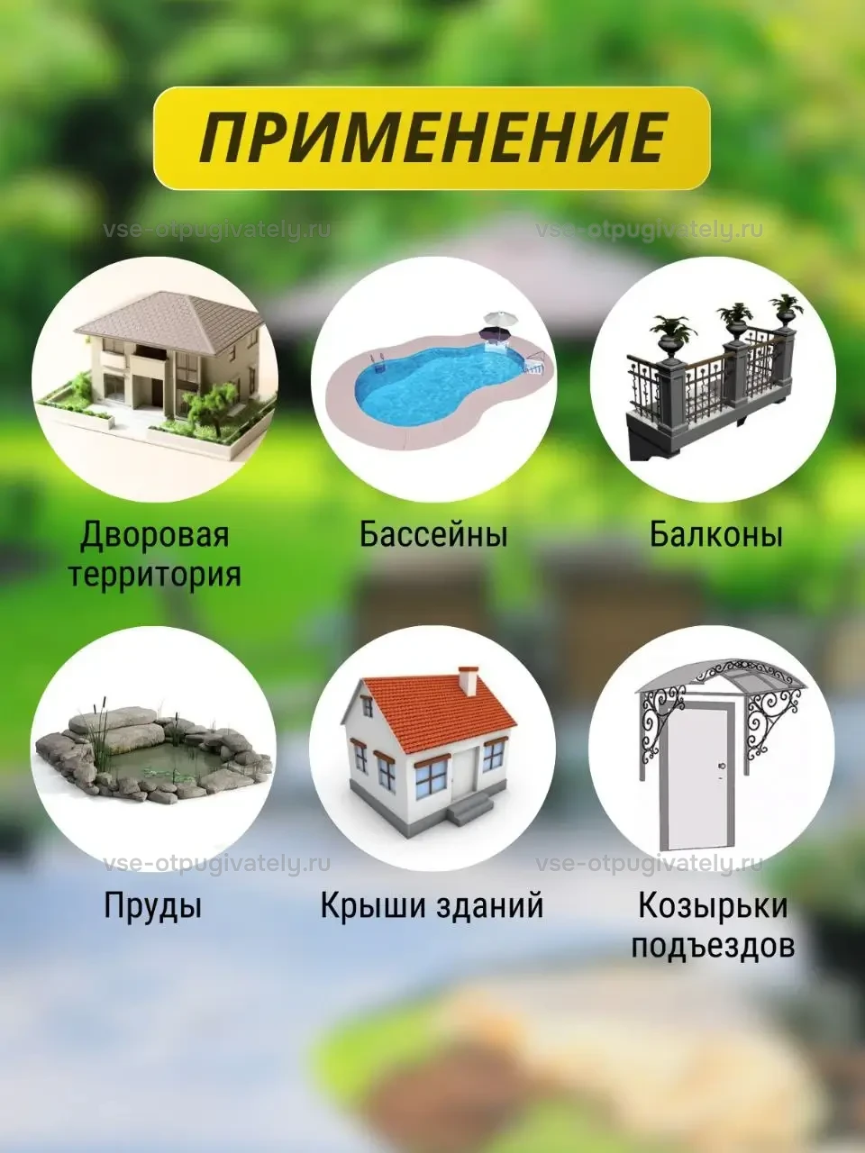 Визуальный отпугиватель птиц «Сорока» — инфографика: где применяют — двор частного дома, бассейн, балкон с перилами, декоративный пруд, крыша коттеджа и навес над входом