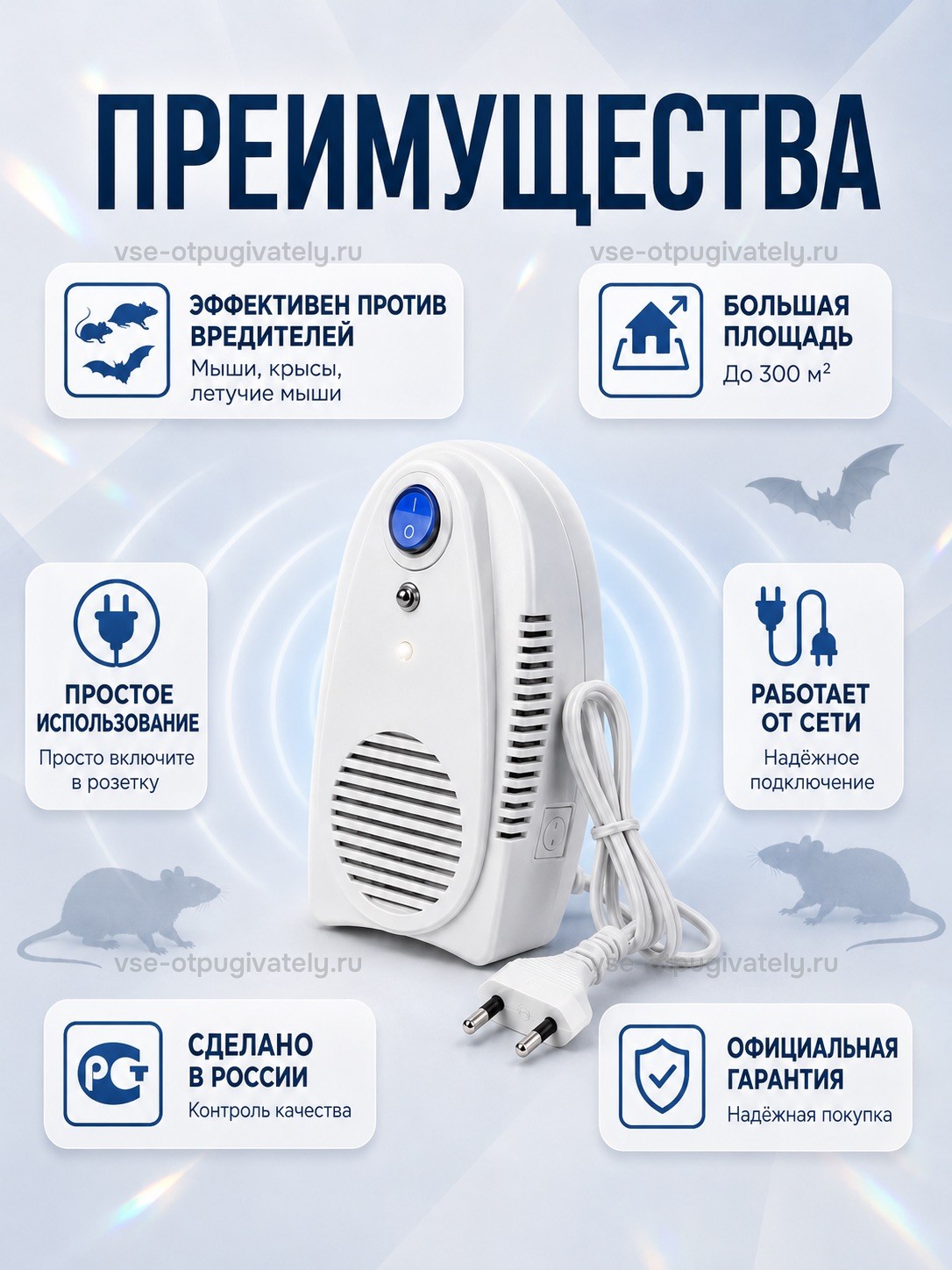 Отпугиватель грызунов Электрокот Классик — инфографика: преимущества — против мышей, крыс и летучих мышей, включение в обычную розетку, сетевой шнур с вилкой, российское производство