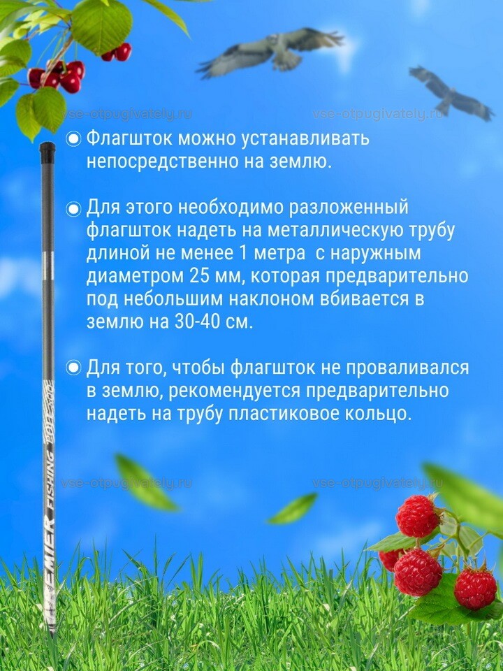 Телескопический флагшток 9 м для воздушного змея — установка в землю: разложенный шест надевают на вбитую под наклоном металлическую трубу, пластиковое кольцо не даёт ему провалиться