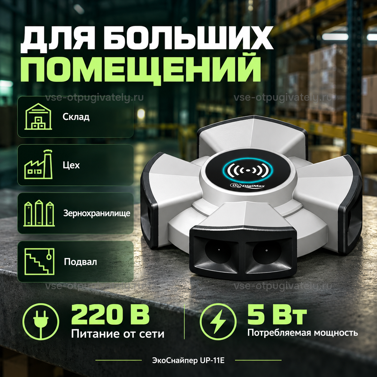 Промышленный отпугиватель грызунов и тараканов ЭкоСнайпер UP-11E — инфографика: где использовать и питание — склад, цех, зернохранилище и подвал, работа от сети и потребление энергии