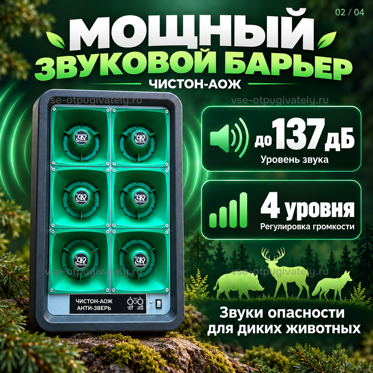 Отпугиватель диких животных Чистон-АОЖ Анти-Зверь — инфографика: звук и регулировка громкости — звуки опасности, ступени громкости, силуэты кабана, оленя и лисы у прибора в лесу