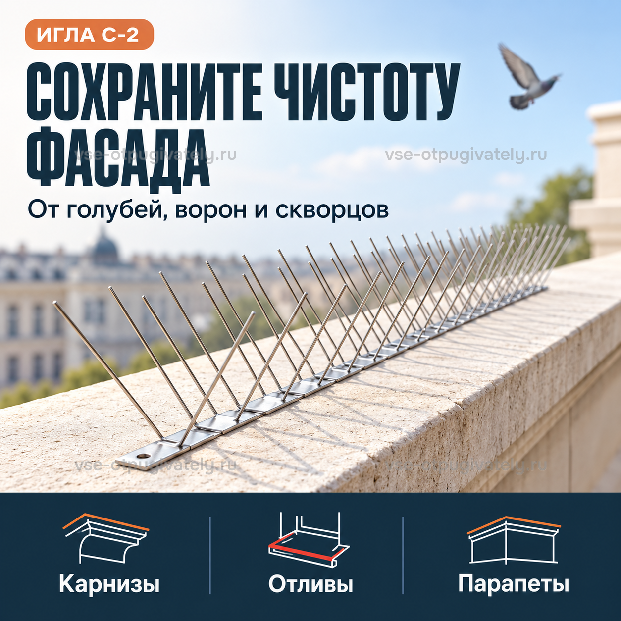 Шипы от птиц Игла С-2 — инфографика: где применять — карнизы, отливы и парапеты, длинная секция на каменном выступе, защита от голубей, ворон и скворцов
