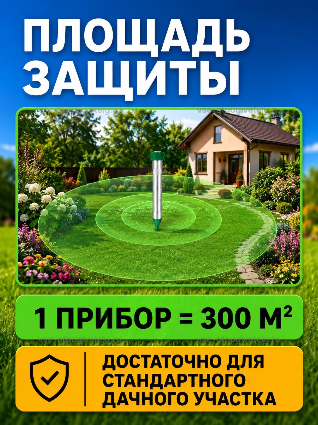 Отпугиватель змей ЭкоСнайпер LS-107 — инфографика: площадь защиты — серебристый колышек в центре газона, зона защиты кругами, хватает на обычный дачный участок