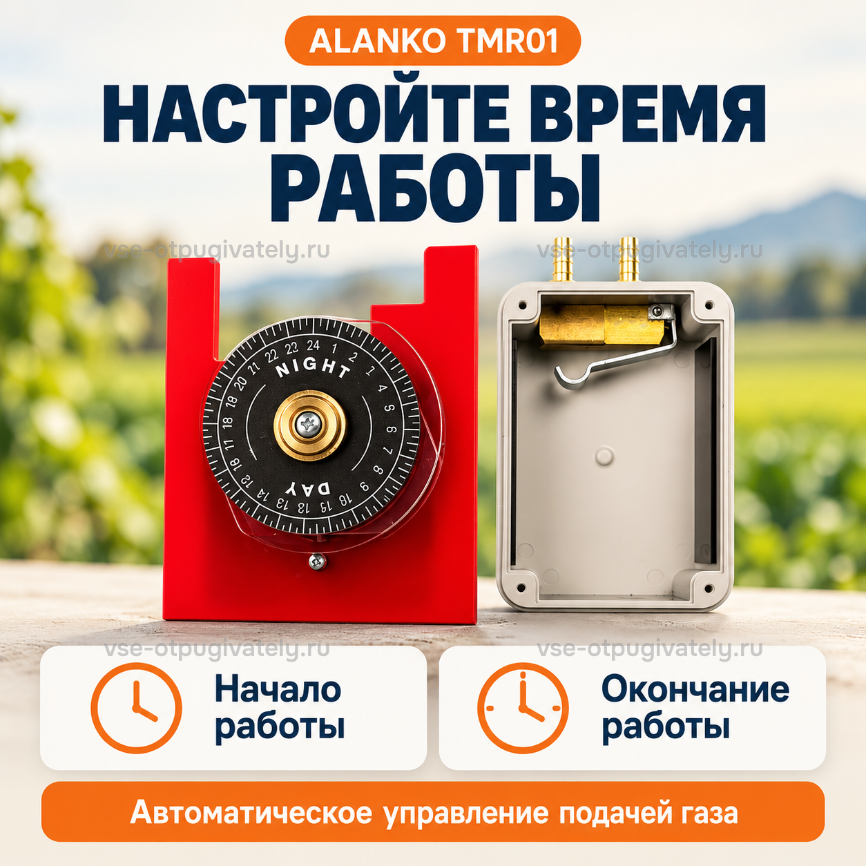 Таймер для громпушки Alanko MS6 — инфографика: настройка времени работы — начало и окончание на циферблате DAY и NIGHT, автоматическая подача газа