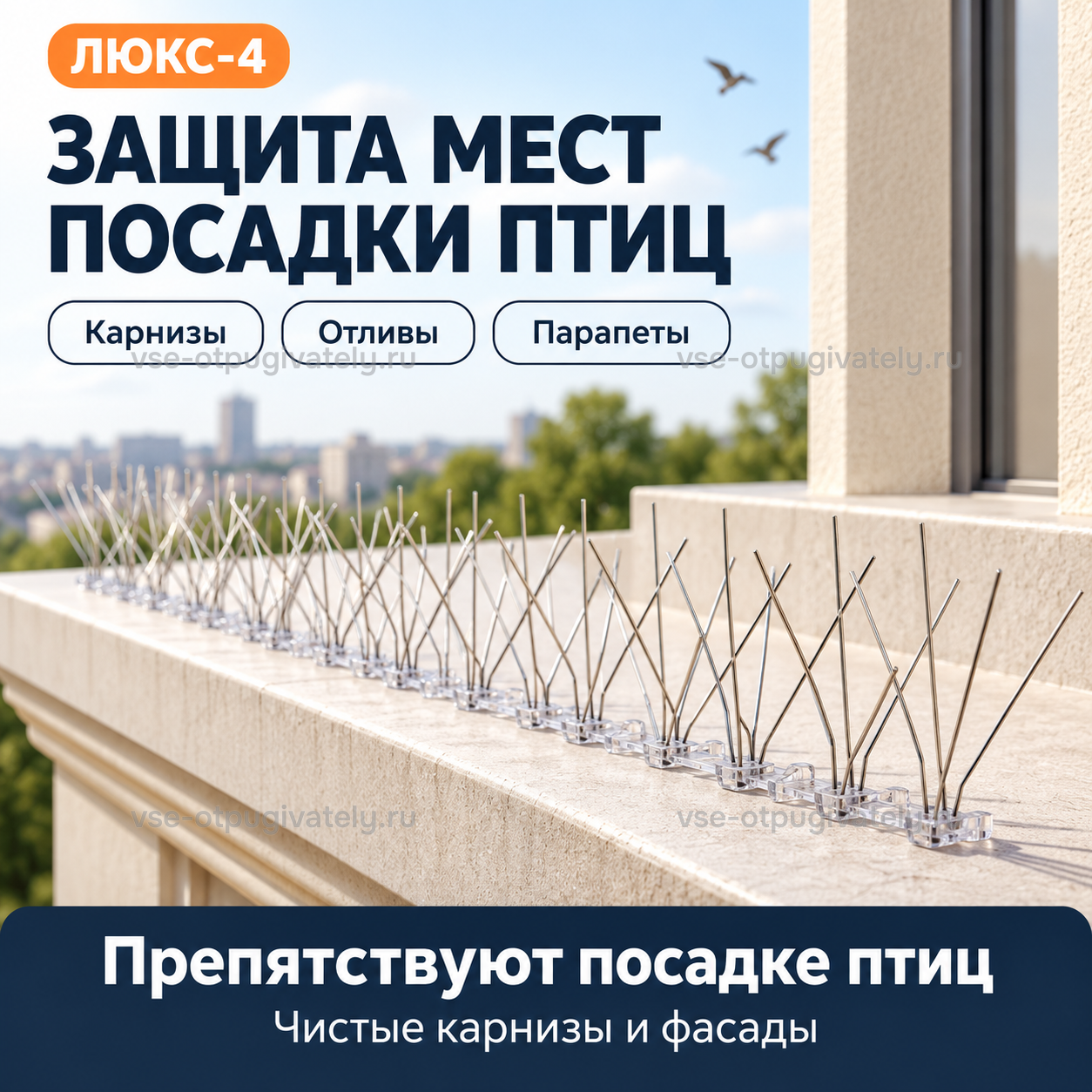 Шипы от птиц «Люкс-4» — инфографика: где применять — карнизы, отливы и парапеты, ряд шипов на ограждении балкона над городом