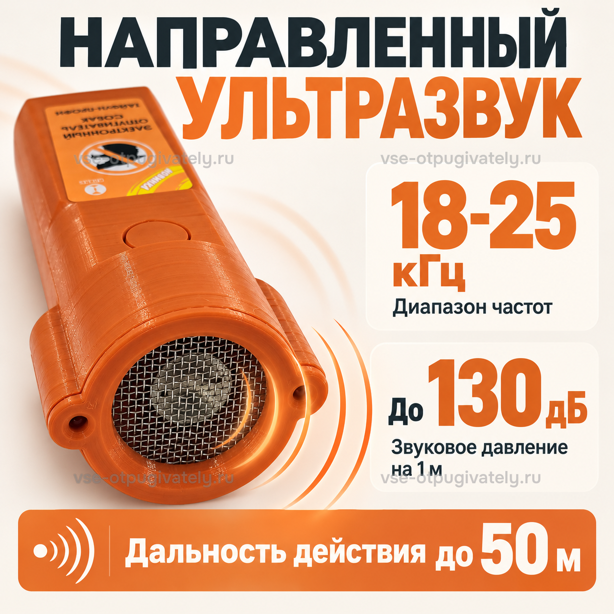 Отпугиватель собак Тайфун ПРОФИ — инфографика: направленный ультразвук — круглая сетка излучателя крупным планом, диапазон частот, звуковое давление и дальность действия