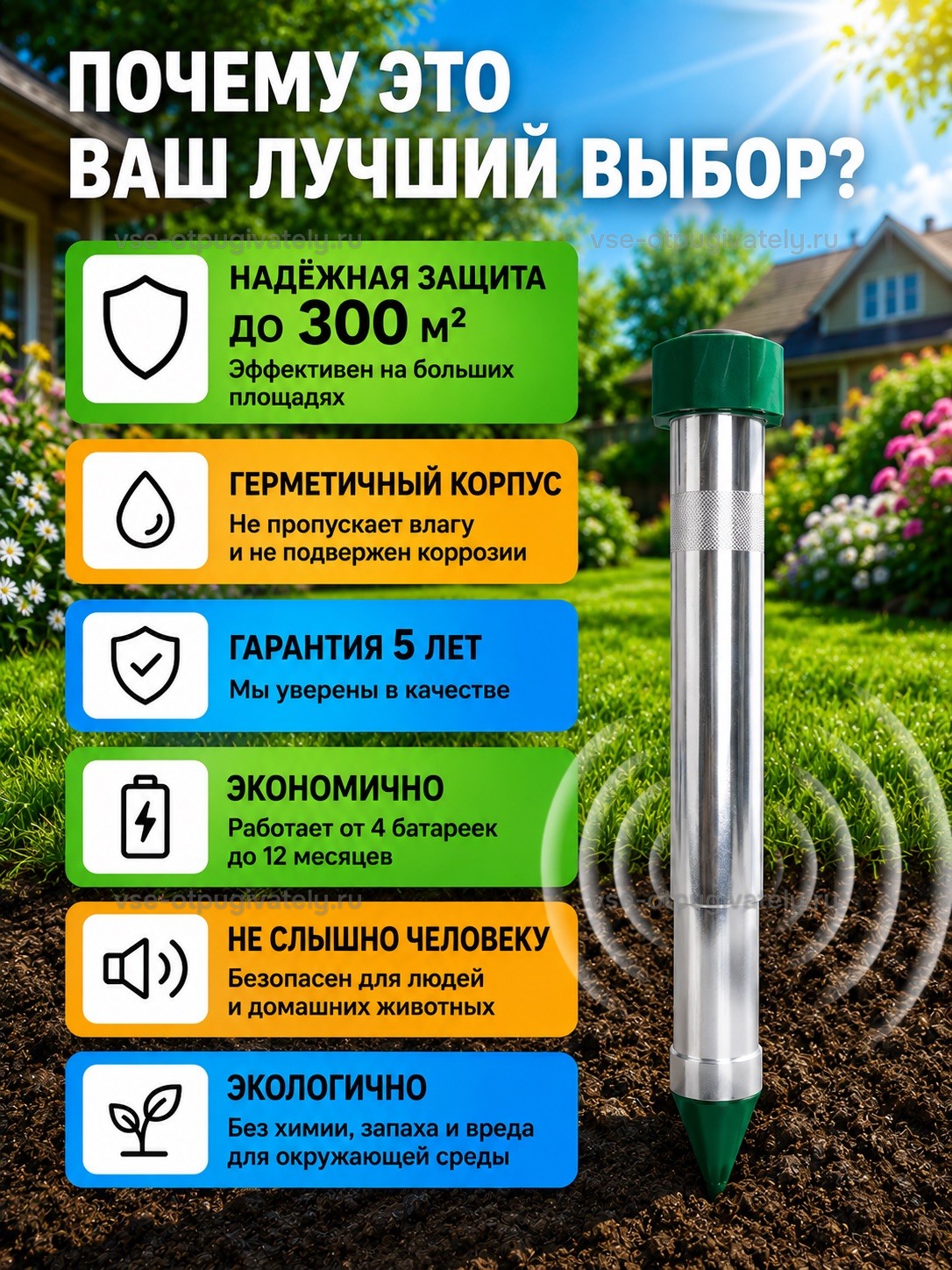 Отпугиватель змей ЭкоСнайпер LS-107 — инфографика: преимущества — колышек в земле у загородного дома, корпус не пропускает влагу и не ржавеет, экономный расход батареек, неслышная для людей работа