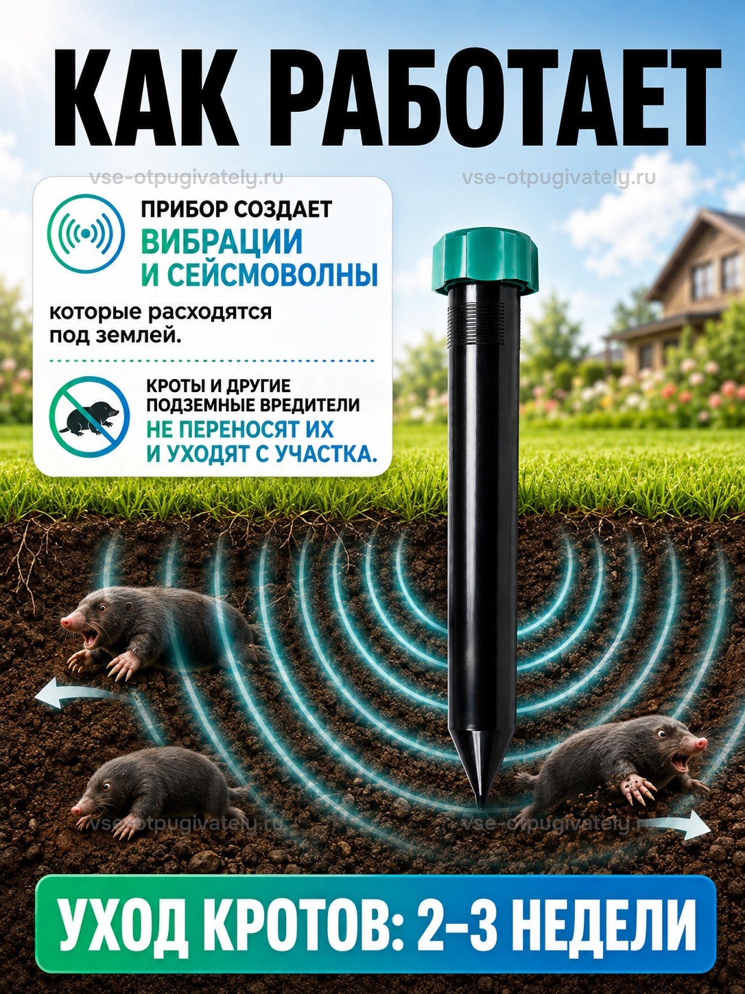 Отпугиватель кротов Торнадо ОЗВ.01 — инфографика: как работает — прибор в грунте создаёт вибрацию и сейсмоволны, они расходятся под землёй и беспокоят кротов в норах