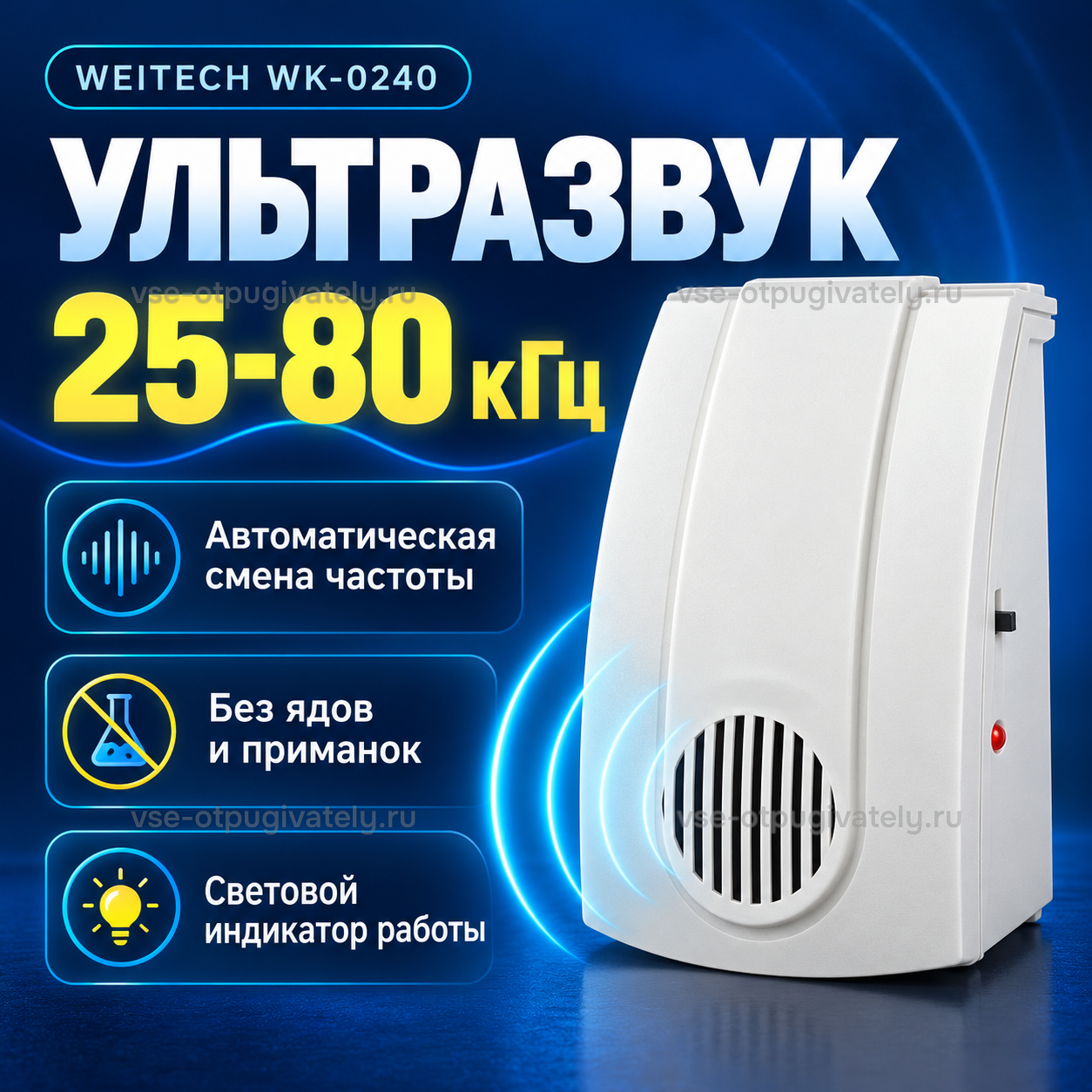 Отпугиватель мышей Weitech WK-0240 — инфографика: ультразвук со сменой частоты и индикатор работы — частота меняется автоматически, без ядов и приманок, красный световой индикатор на боку