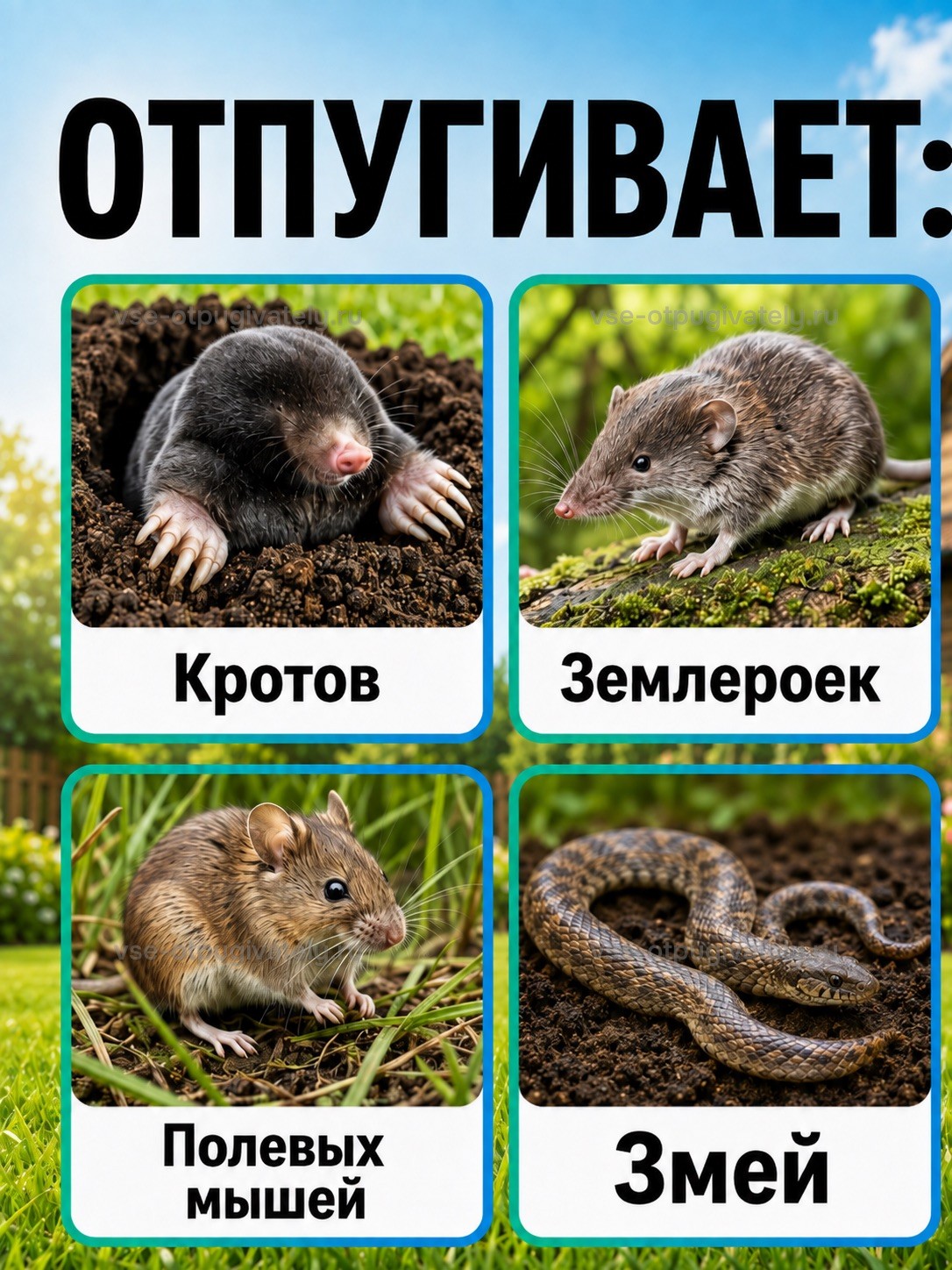 Отпугиватель кротов Торнадо ОЗВ.01 — инфографика: кого отпугивает — крот у кучи земли, землеройка на мху, полевая мышь в траве и змея на грунте